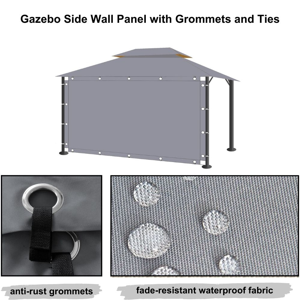 Grey waterproof outdoor gazebo sidewall panel with anti-rust grommets & ties; close-up shows fade-resistant fabric with water droplets.