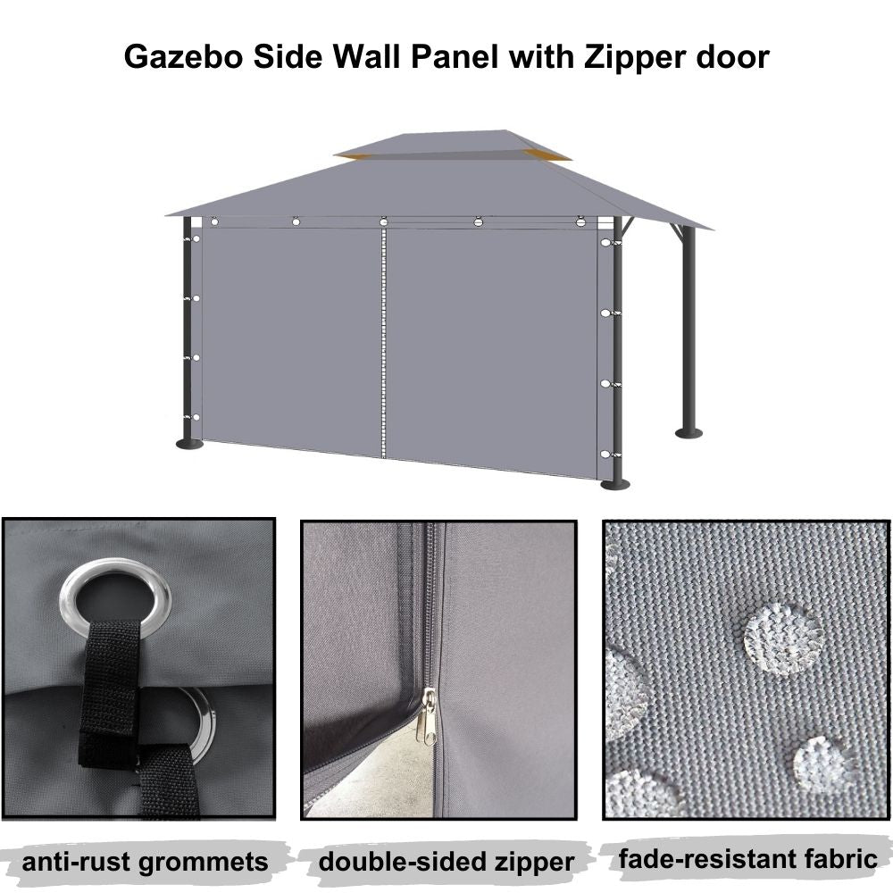 Grey waterproof outdoor gazebo side panel wall with zipper door, showing anti-rust grommets, double-sided zipper, and fade-resistant fabric.