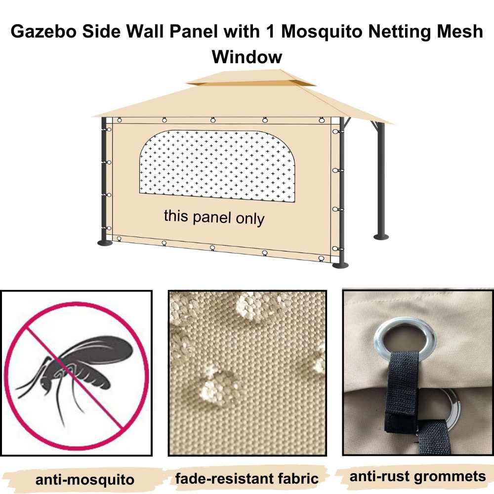 Beige waterproof outdoor gazebo side panel wall with mosquito netting mesh window. Details: anti-mosquito, fade-resistant fabric, anti-rust grommets.