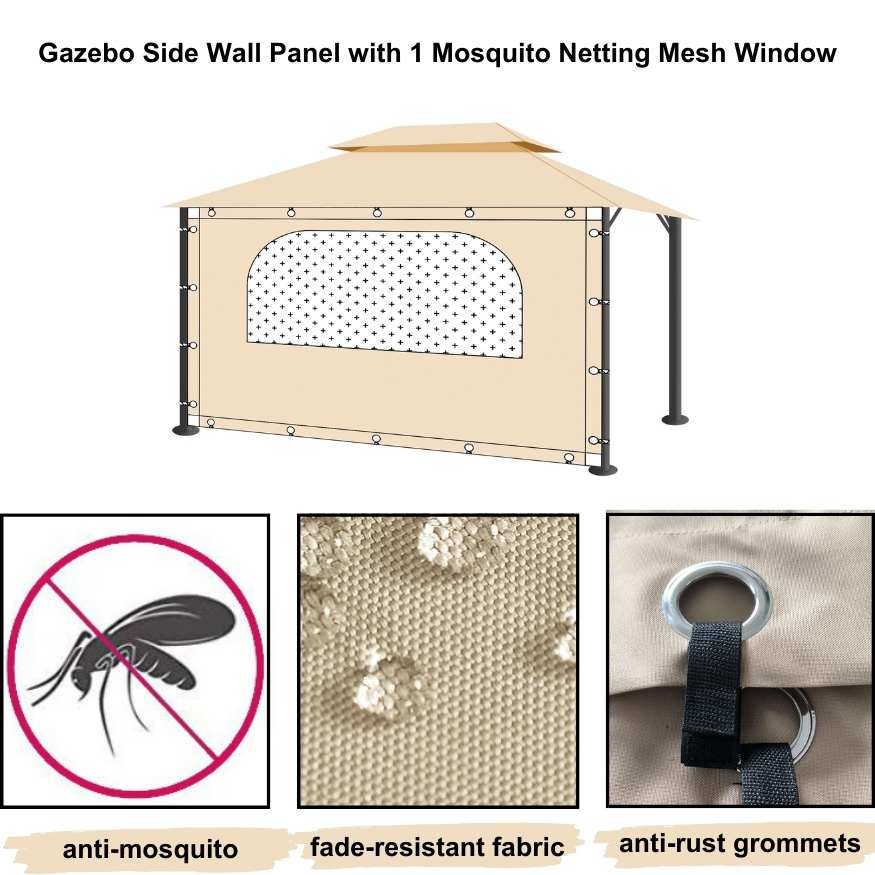 Beige waterproof gazebo side wall panel with mosquito netting window, close-ups of fade-resistant fabric & anti-rust grommets.