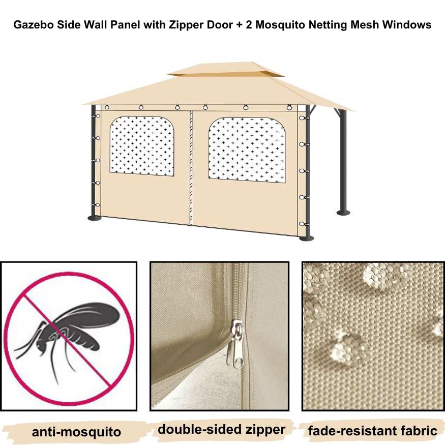 Beige waterproof gazebo sidewall panel with mesh windows & zipper door; showcasing anti-mosquito, fade-resistant fabric details.