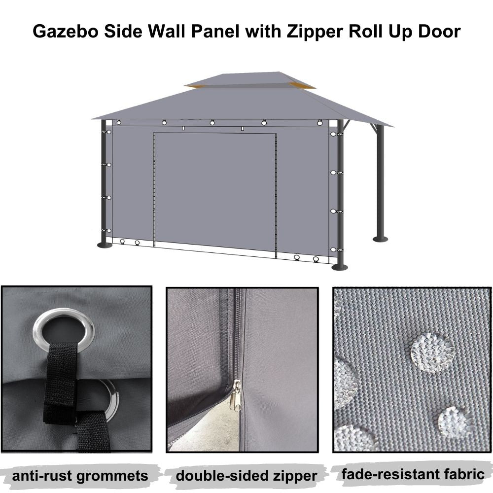 Gray waterproof outdoor gazebo sidewall panel with roll-up zipper door, featuring anti-rust grommets and fade-resistant fabric.
