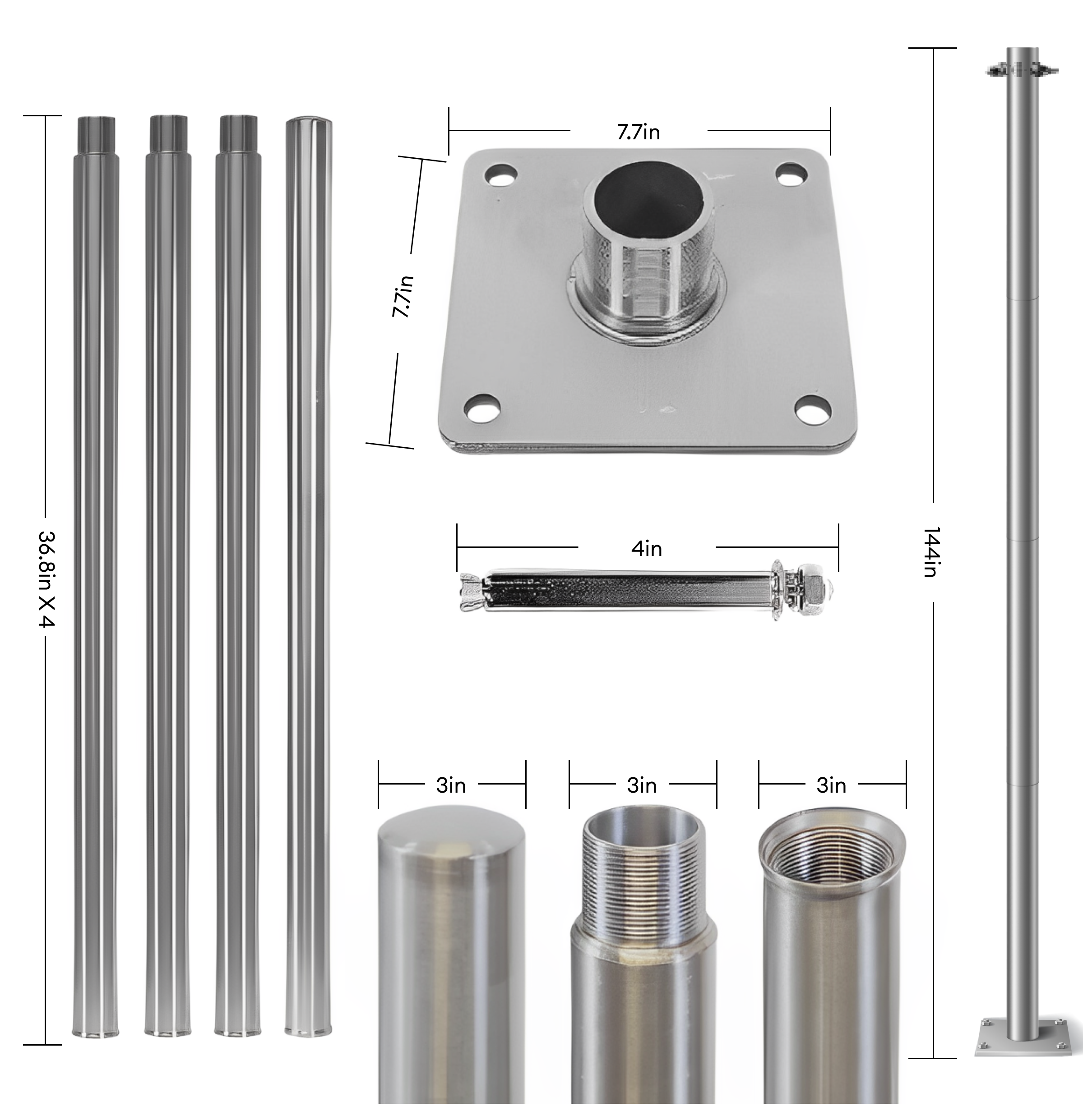 Technical diagram of stainless steel sun shade sail support pole kit showing four connectable sections, base plate, and hardware with dimensions.