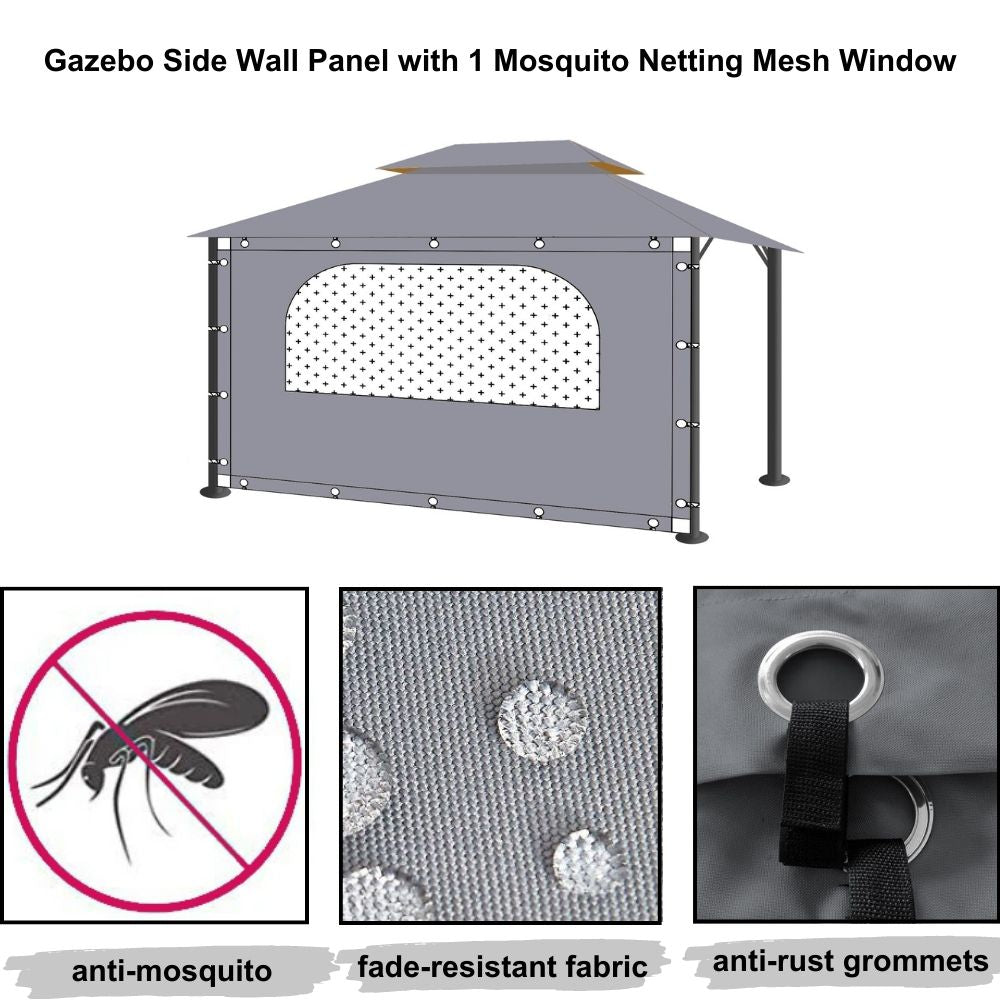 Grey outdoor waterproof gazebo sidewall panel with mosquito netting mesh window. Highlights fade-resistant fabric & anti-rust grommets.