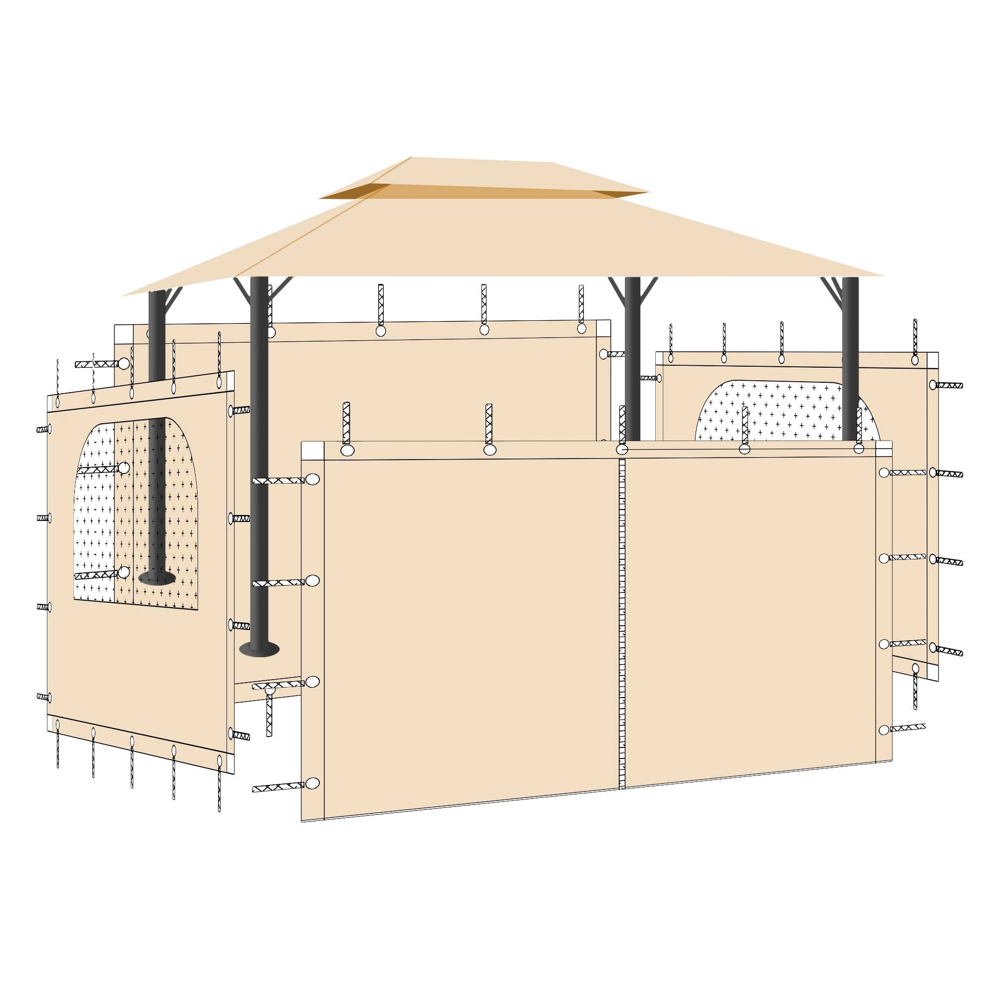 Beige waterproof outdoor gazebo diagram showing 4 side panel walls with mesh windows, perfect for pergolas and porches.