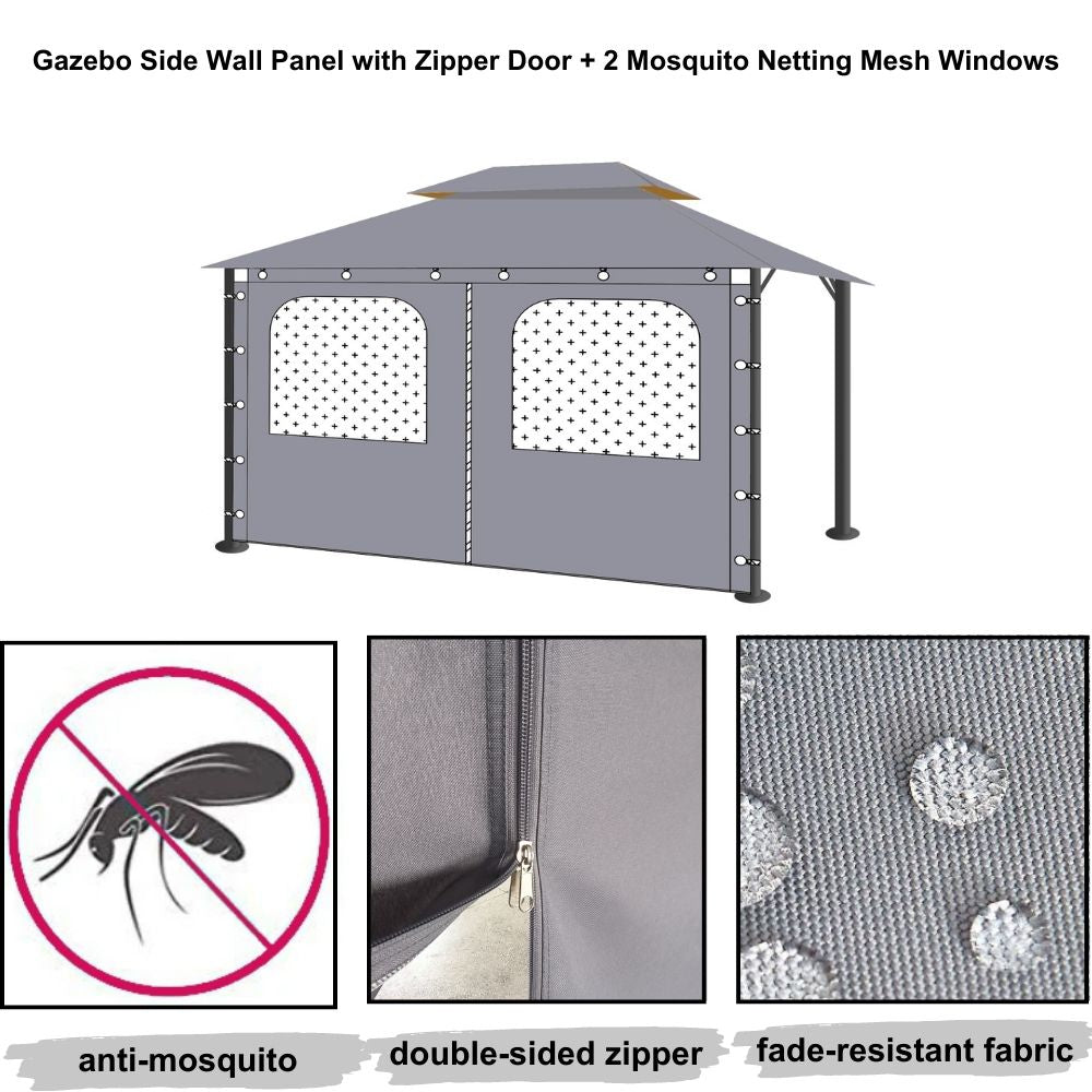 Grey outdoor gazebo side panel wall with zipper door, two mosquito mesh windows. Features waterproof, fade-resistant fabric.