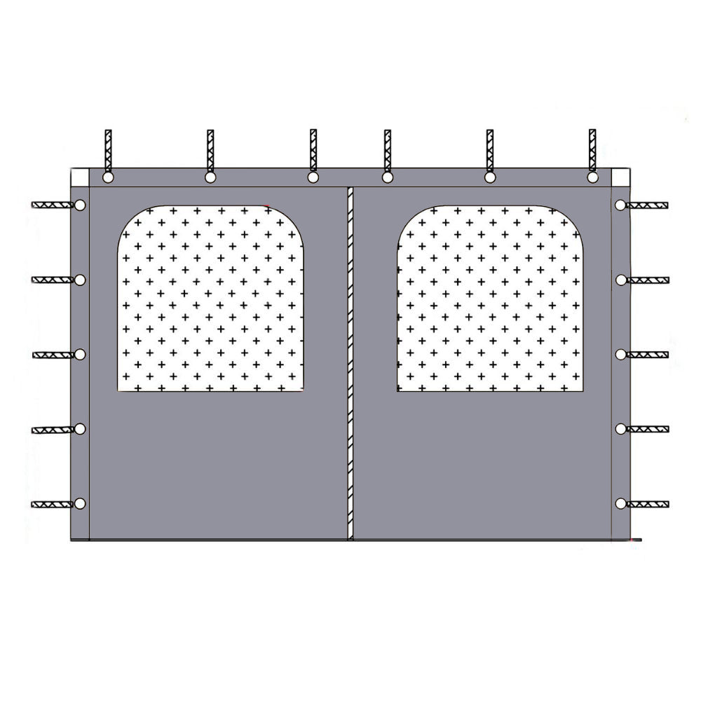 Diagram of a gray waterproof outdoor side panel for gazebos, pergolas, porches. Features arched clear windows & tie-down points.