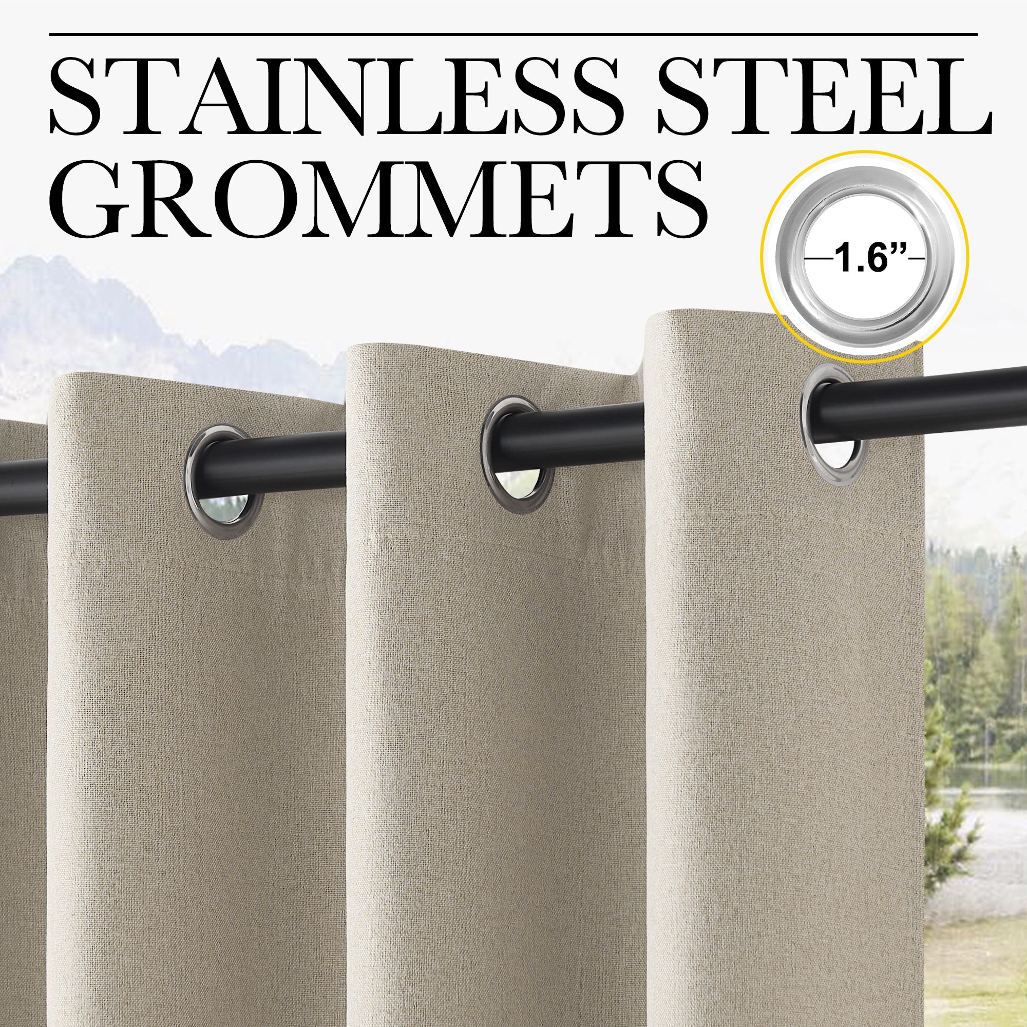 KGORGE OEKO-TEX beige faux linen outdoor blackout waterproof curtains with 1.6" stainless steel grommets on a rod.