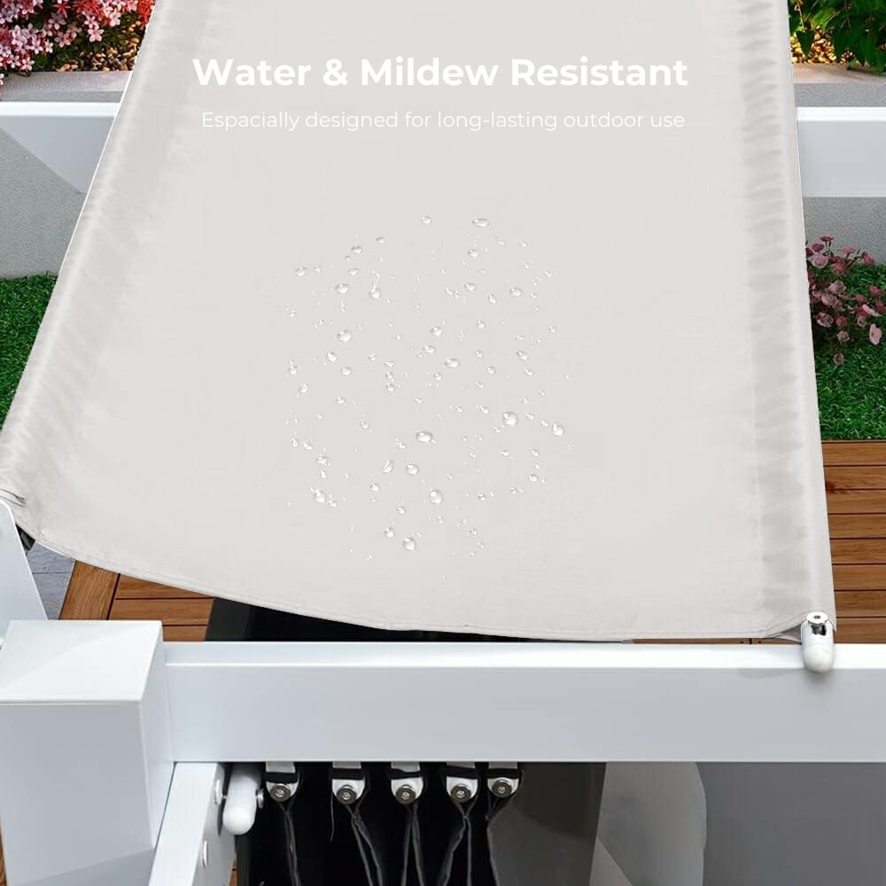White waterproof pergola canopy fabric replacement demonstrating water beading and mildew resistance for long-lasting outdoor shade.