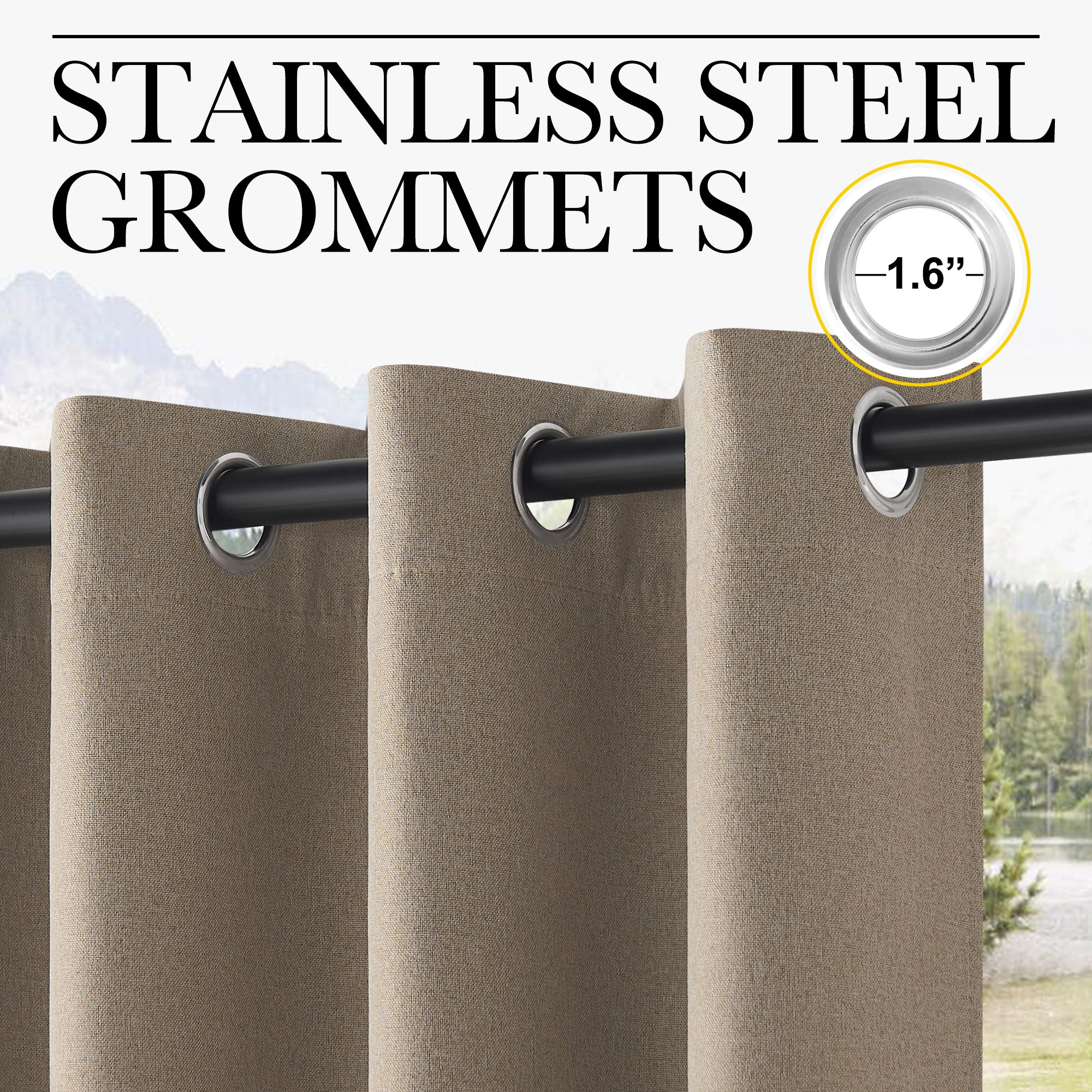 Close-up of tan OEKO-TEX 100% blackout waterproof faux linen outdoor curtains, showing 1.6" stainless steel grommets.