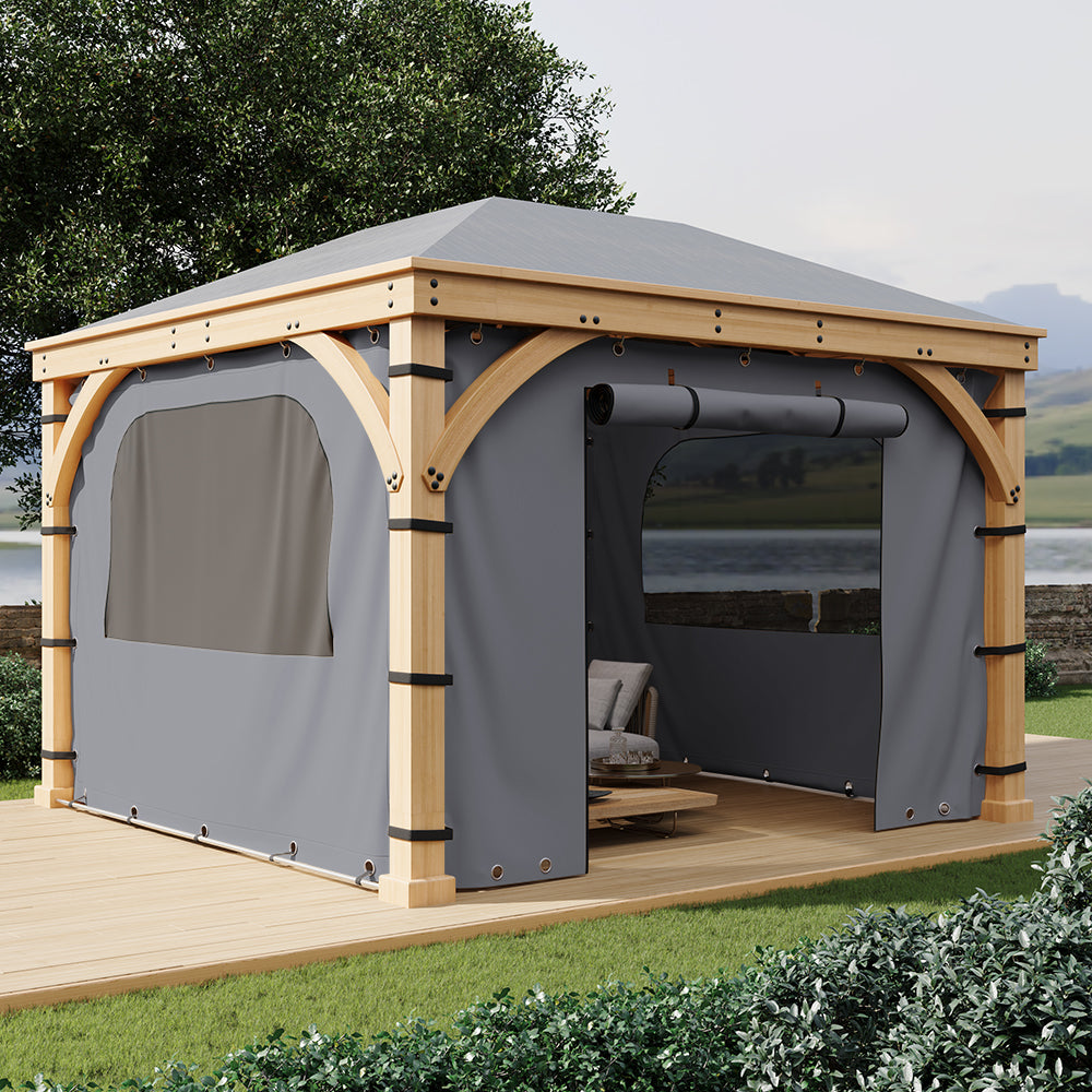 Wooden gazebo with grey waterproof outdoor sidewall panels, featuring a mesh window and rolled-up zipper door opening.