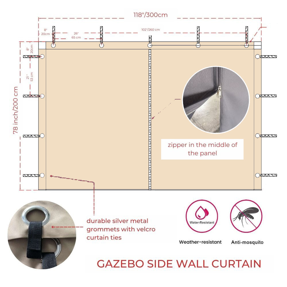 Tan waterproof outdoor gazebo side wall panel. Zipper door, grommets, velcro ties. Weatherproof, anti-mosquito for pergola/porch.