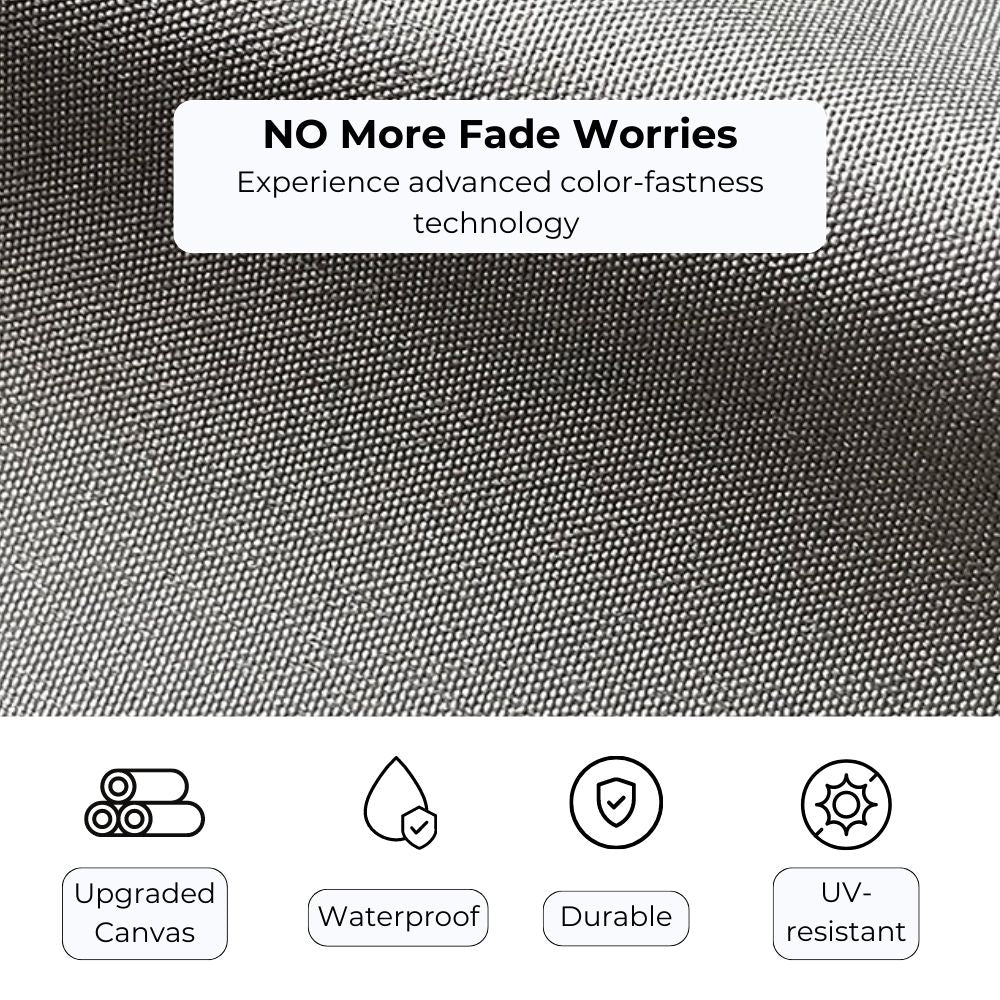 Close-up of grey textured pergola canopy replacement fabric, highlighting its fade-resistant, waterproof, durable, and UV-resistant qualities.