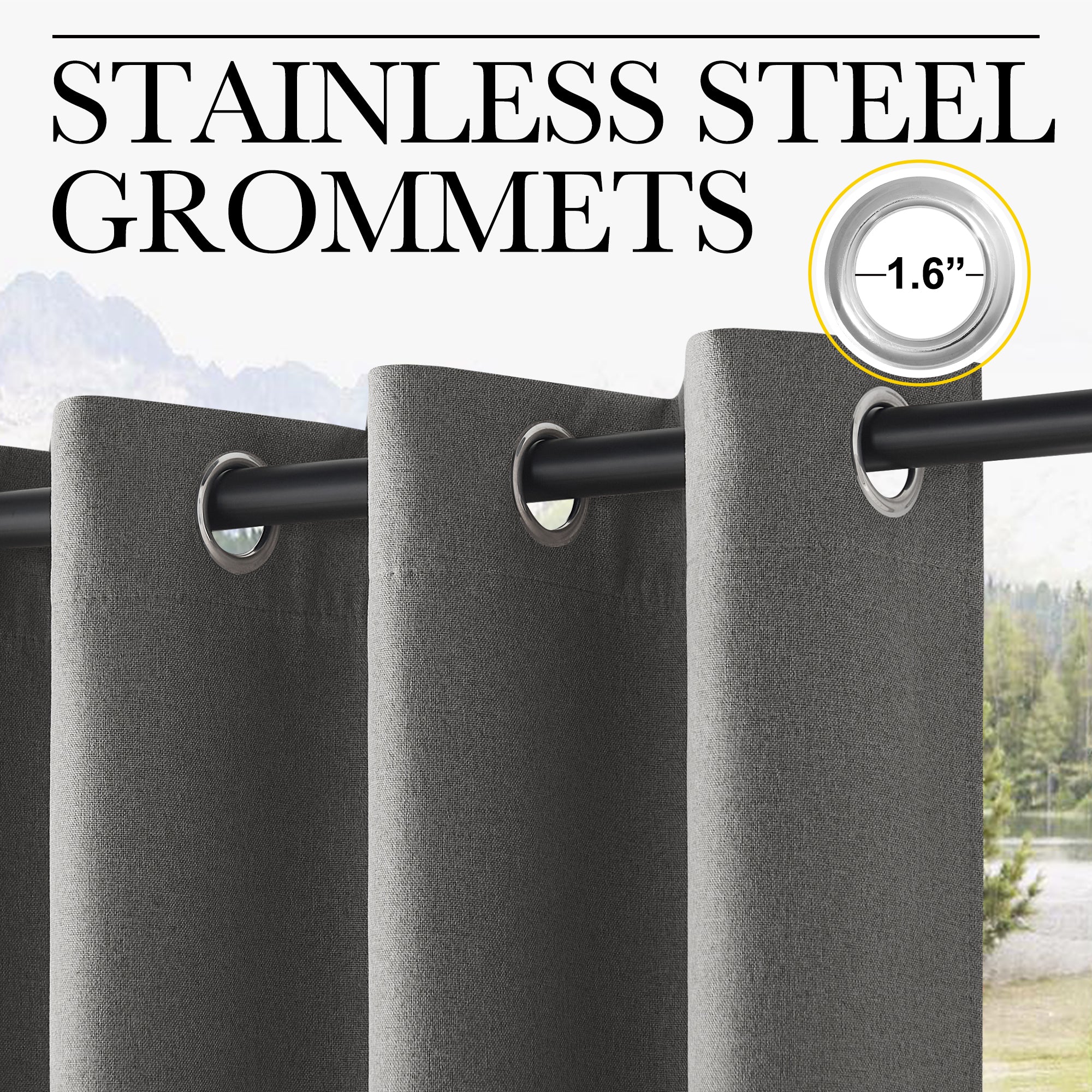 KGORGE OEKO-TEX 100% blackout charcoal faux linen outdoor curtains, featuring 1.6" stainless steel grommets. Waterproof.