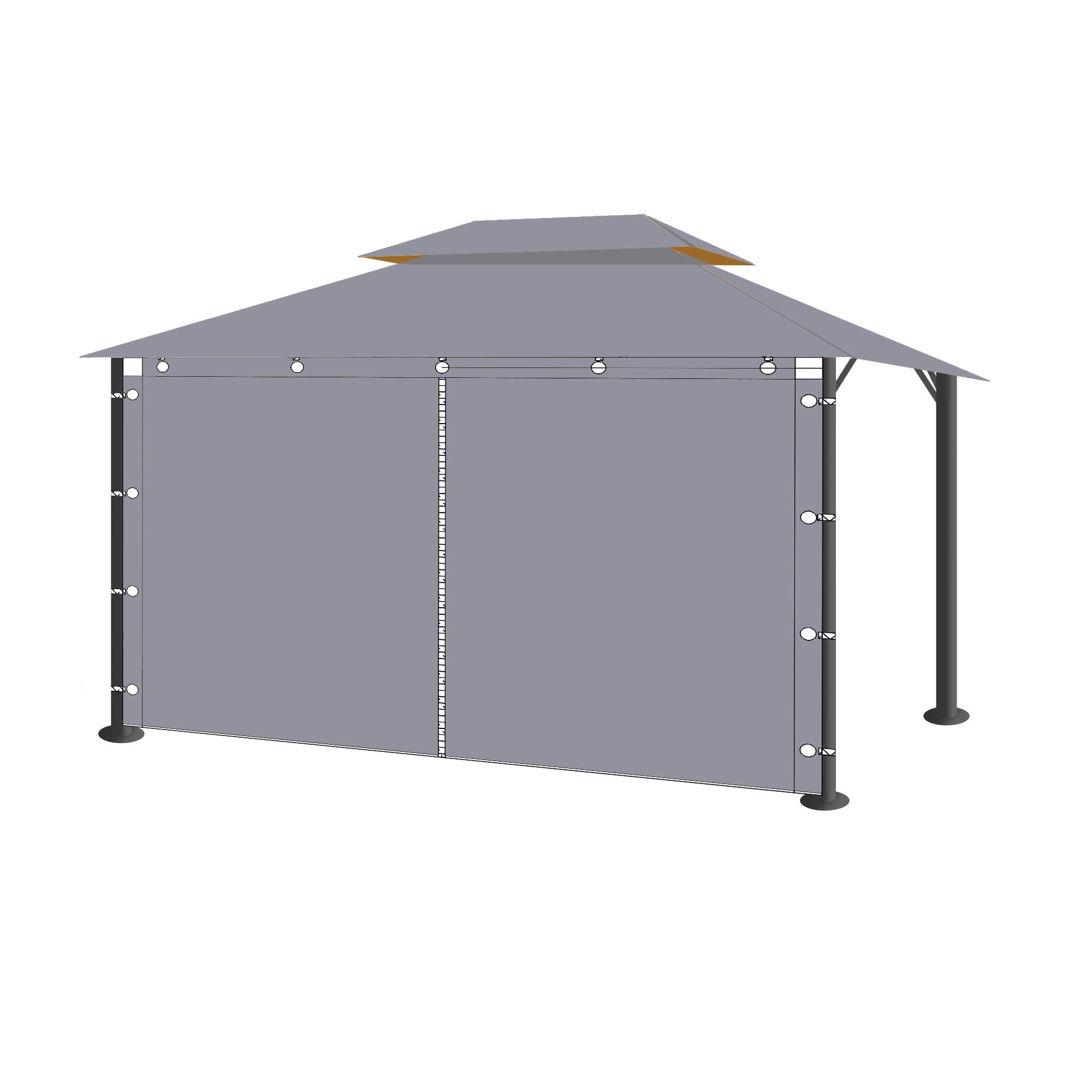 Two grey waterproof outdoor gazebo side panel walls, attached to a tiered gazebo structure, for pergolas, porches, and patios.