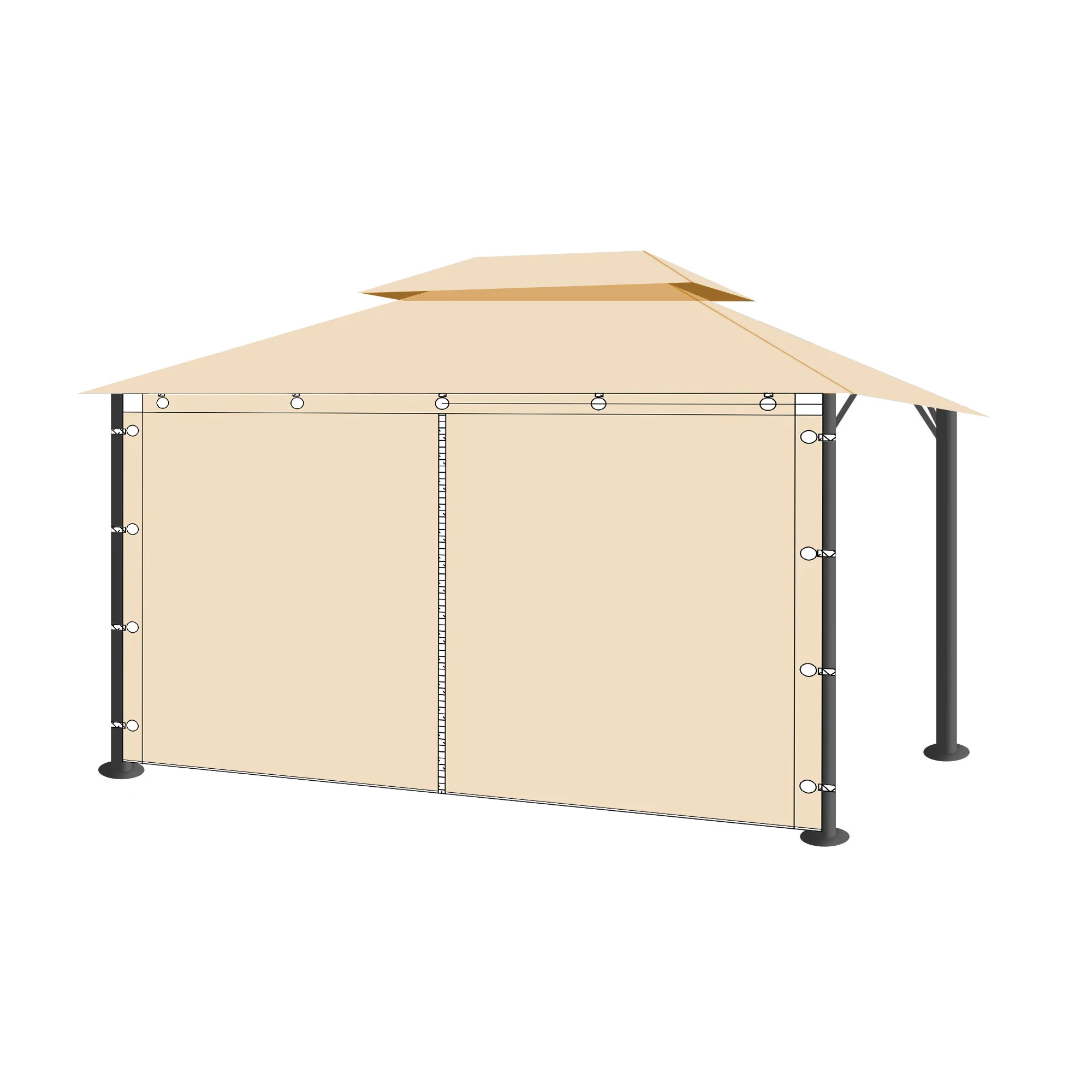 Two beige waterproof outdoor gazebo side panels zipped together on a structure, creating shade & privacy for outdoor spaces.