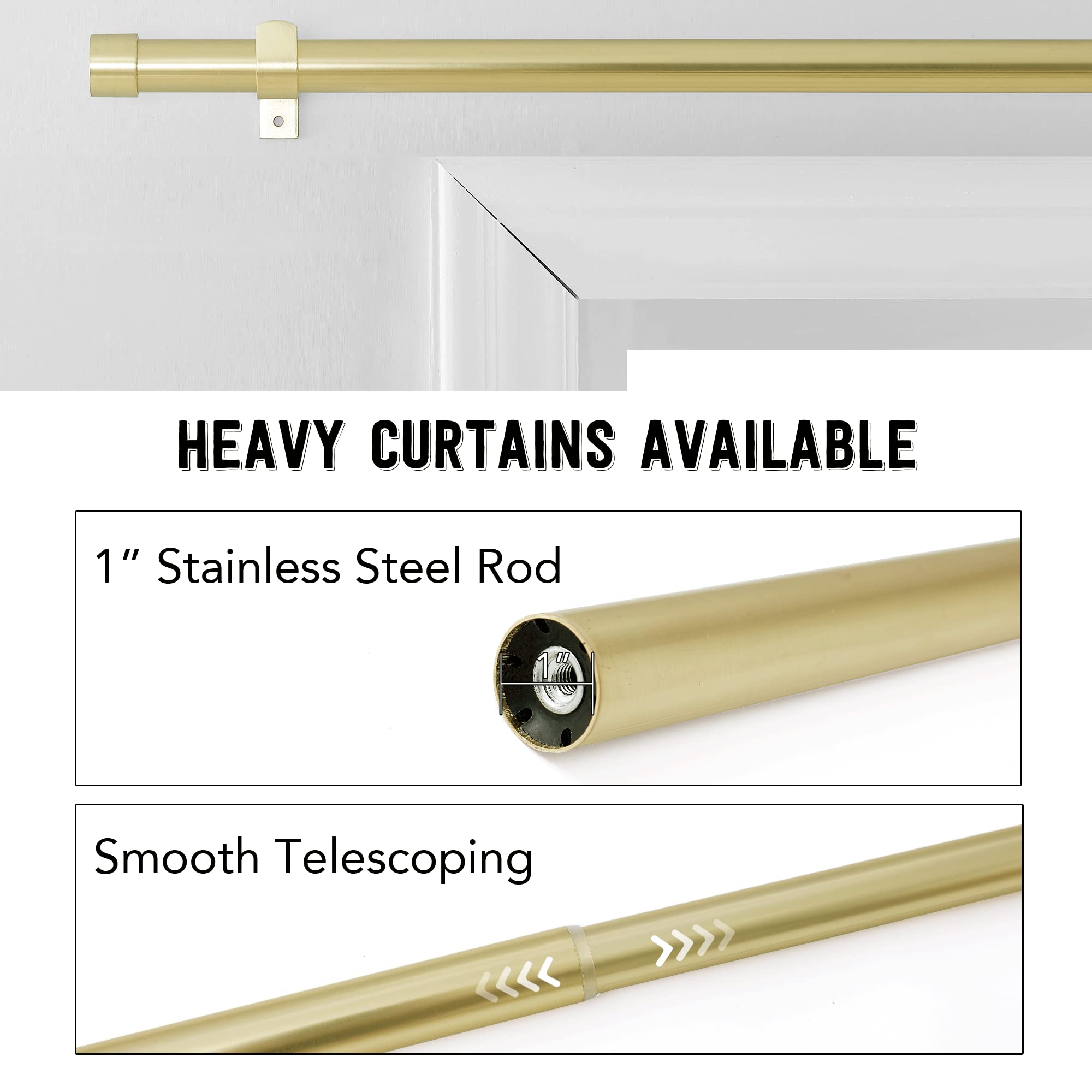 Gold 1-inch adjustable telescoping stainless steel curtain rod with cylinder finial, showing diameter and smooth extension for heavy curtains.