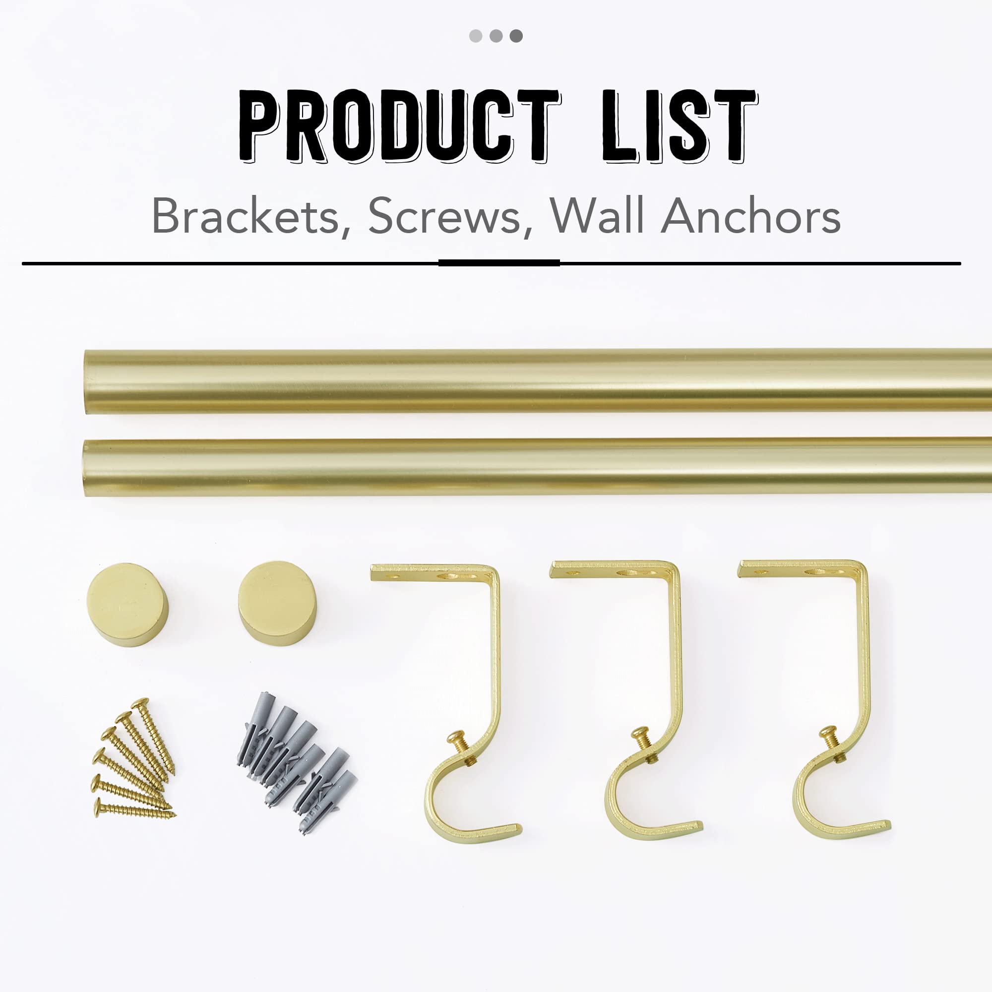 1-inch adjustable gold telescoping curtain rod components: classic cylinder finials, brackets, screws, wall anchors for patio.