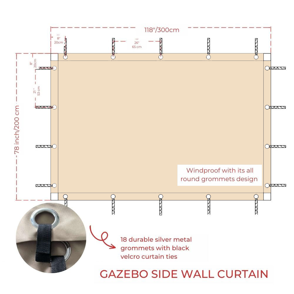 Diagram of a beige waterproof outdoor gazebo side wall panel (78"x118") showing 18 durable metal grommets & black velcro ties.
