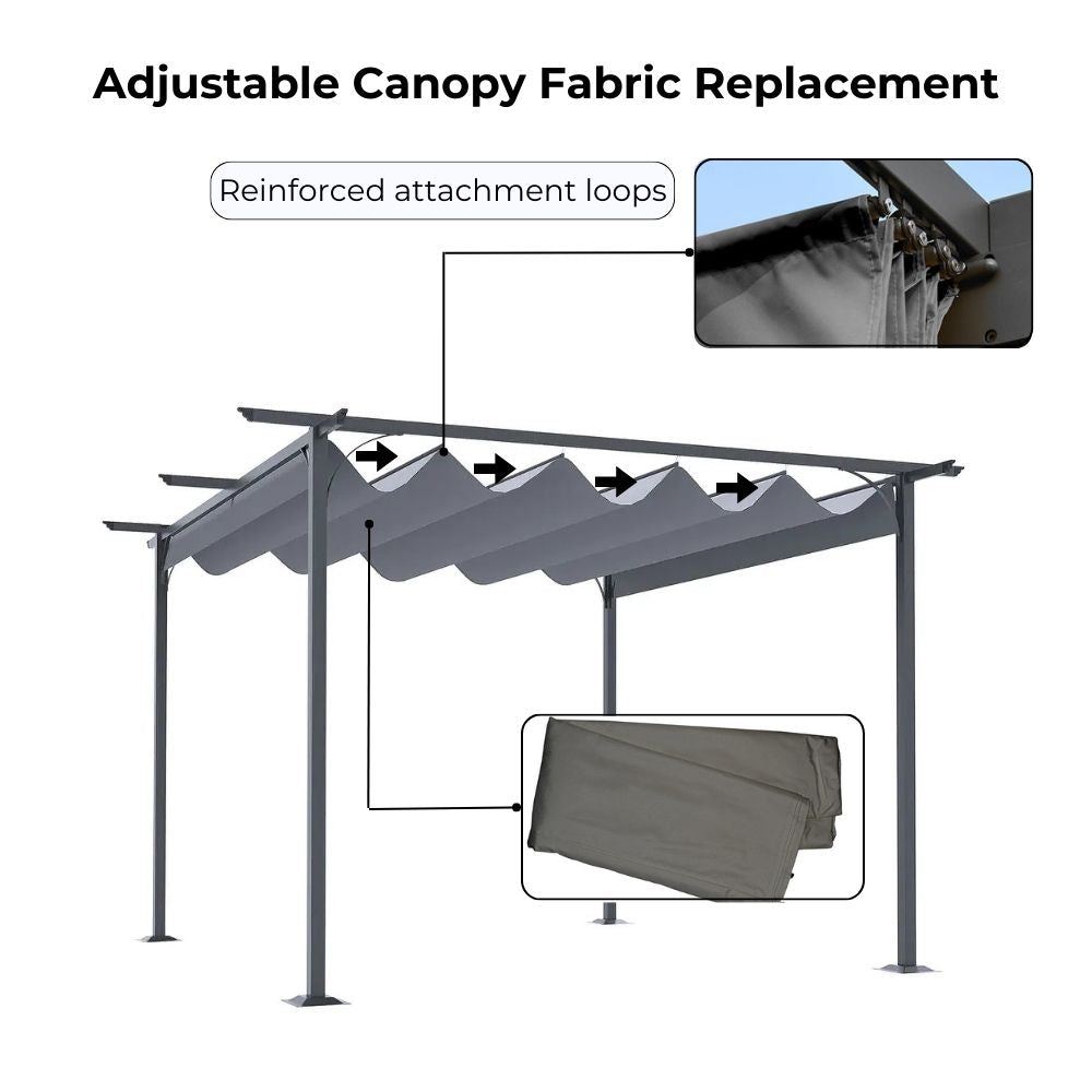 Grey adjustable pergola canopy fabric replacement kit with reinforced attachment loops and folded weatherproof shade fabric.