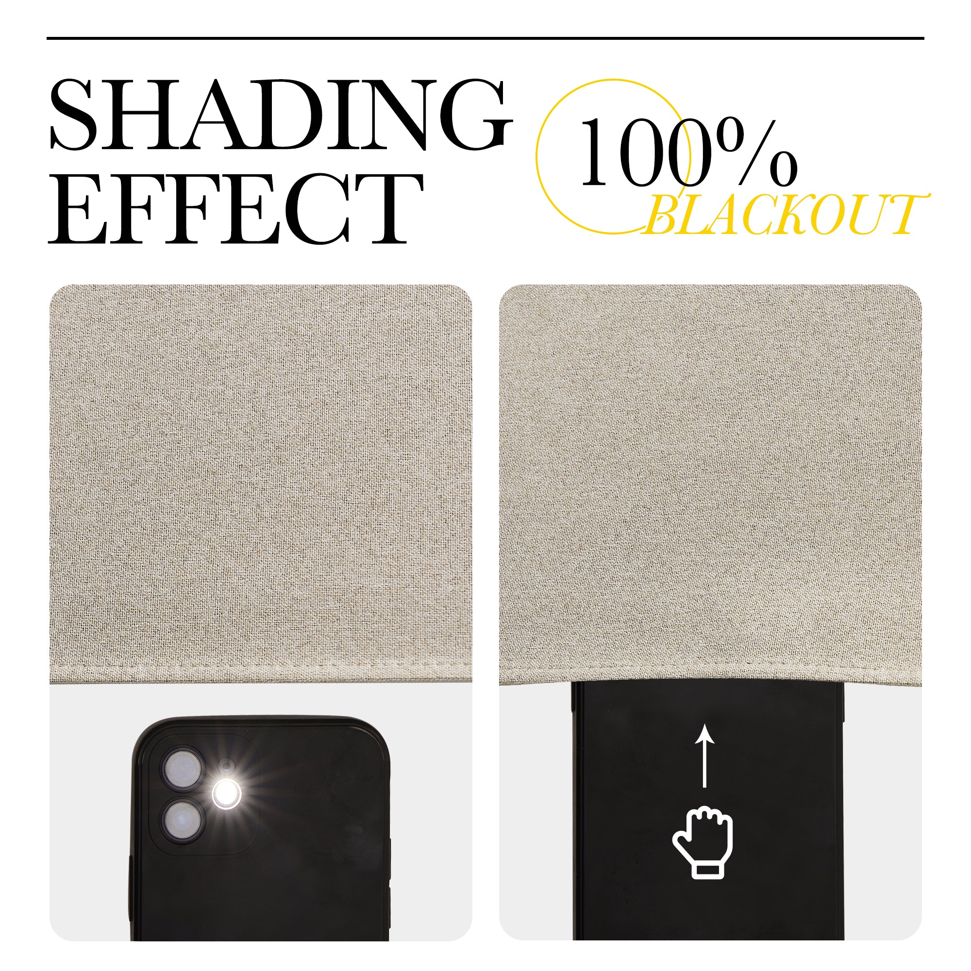 Faux linen outdoor curtain fabric demonstrating 100% blackout effect. Left shows light, right blocks phone flashlight completely.