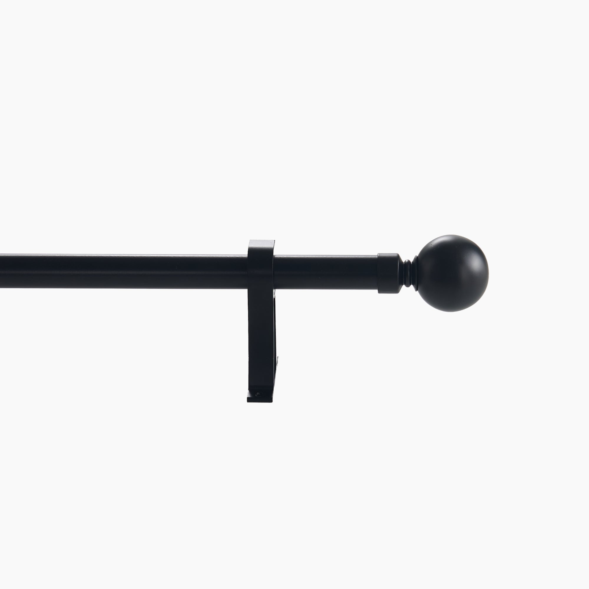 Custom black outdoor curtain rod with elegant Roman round finial and a sturdy mounting bracket.