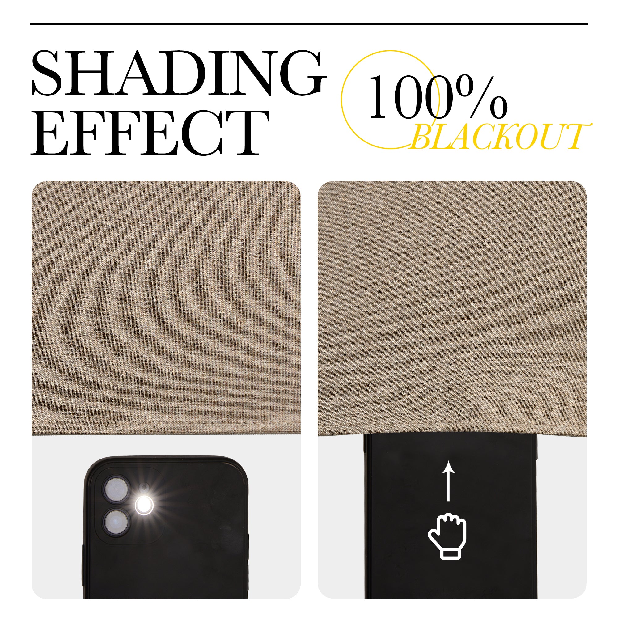 100% blackout test for beige outdoor faux linen curtain fabric. Light visible through fabric on left; completely blocked by fabric on right.