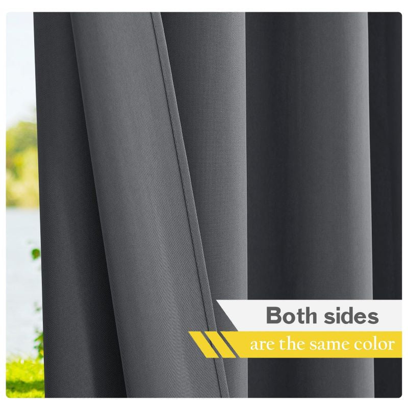 Dark grey waterproof outdoor canvas curtain, close-up, highlighting its double-sided uniform color, perfect for patio privacy.