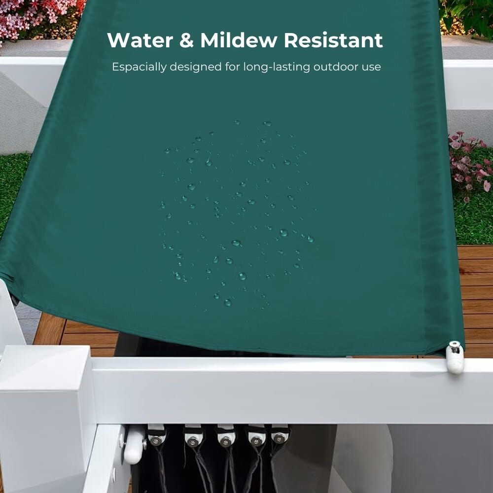 Water-resistant dark green pergola canopy fabric replacement with water droplets, showcasing long-lasting mildew resistant outdoor use.