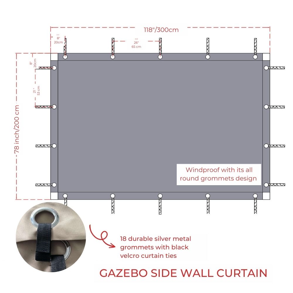 Gray waterproof outdoor gazebo side panel, 78x118in, with 18 durable silver grommets & black velcro ties. Windproof for patios.