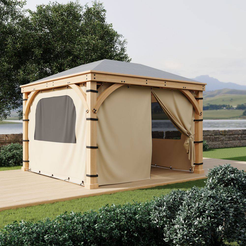KGORGE all-weather waterproof beige gazebo side panel walls with a window and tied-back curtain, on a deck by a lake.
