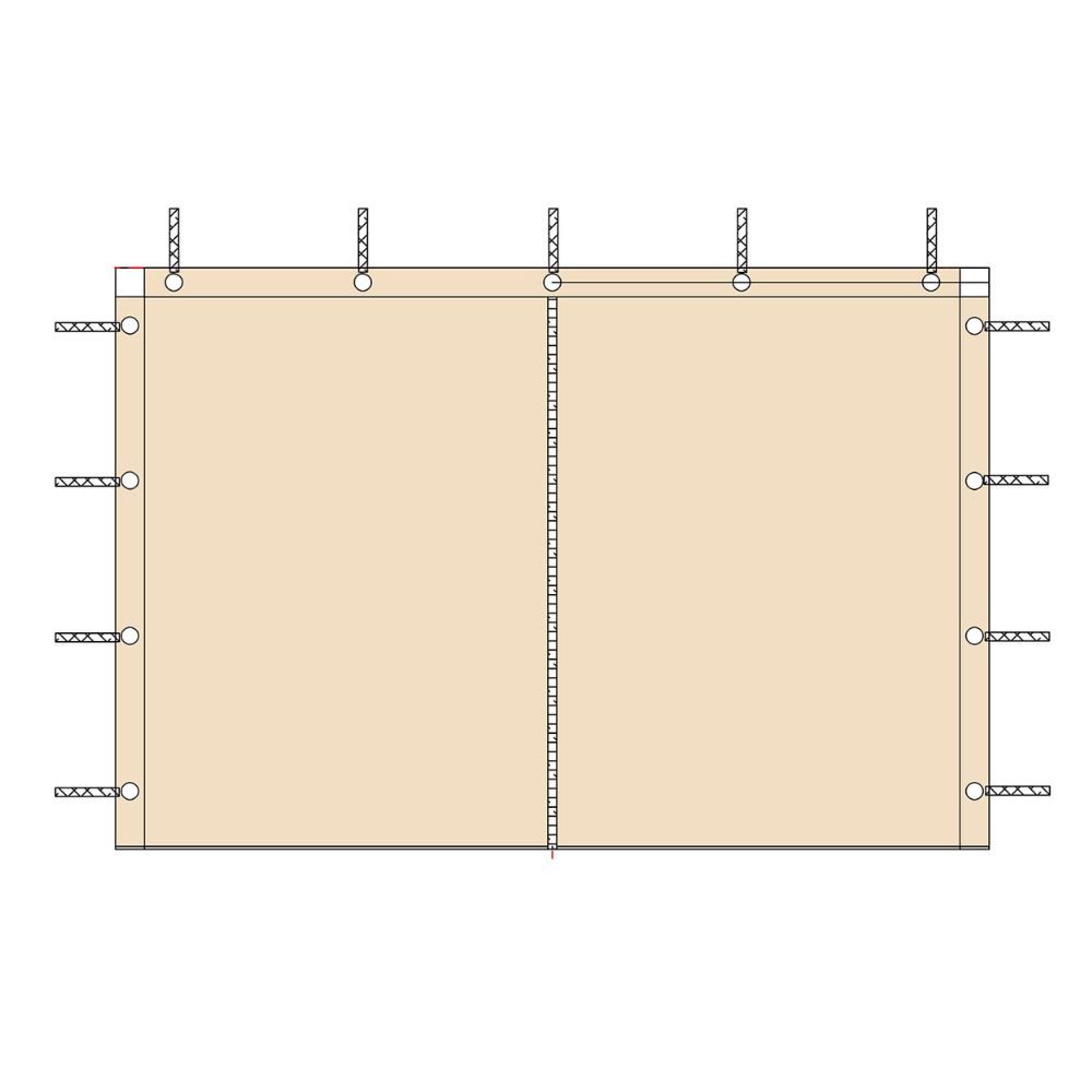 Schematic of a beige waterproof outdoor curtain side panel with top & side grommets & tie-downs for gazebo, pergola, porch.