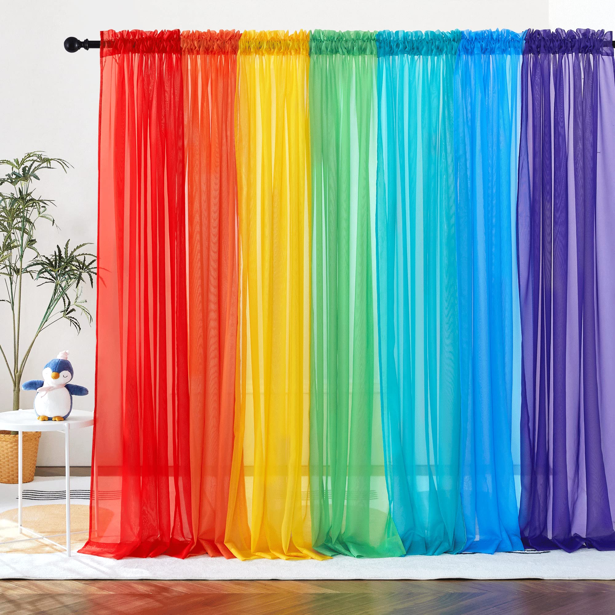 7PCS Rainbow Sheer Curtains Colorful Backdrop Bright Drape Set for Playroom