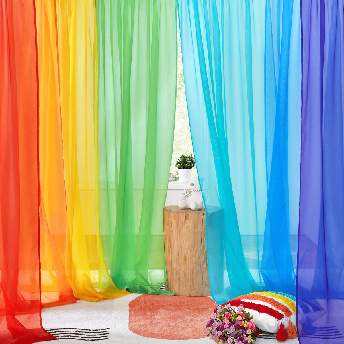 7PCS Rainbow Sheer Curtains Colorful Backdrop Bright Drape Set for ...