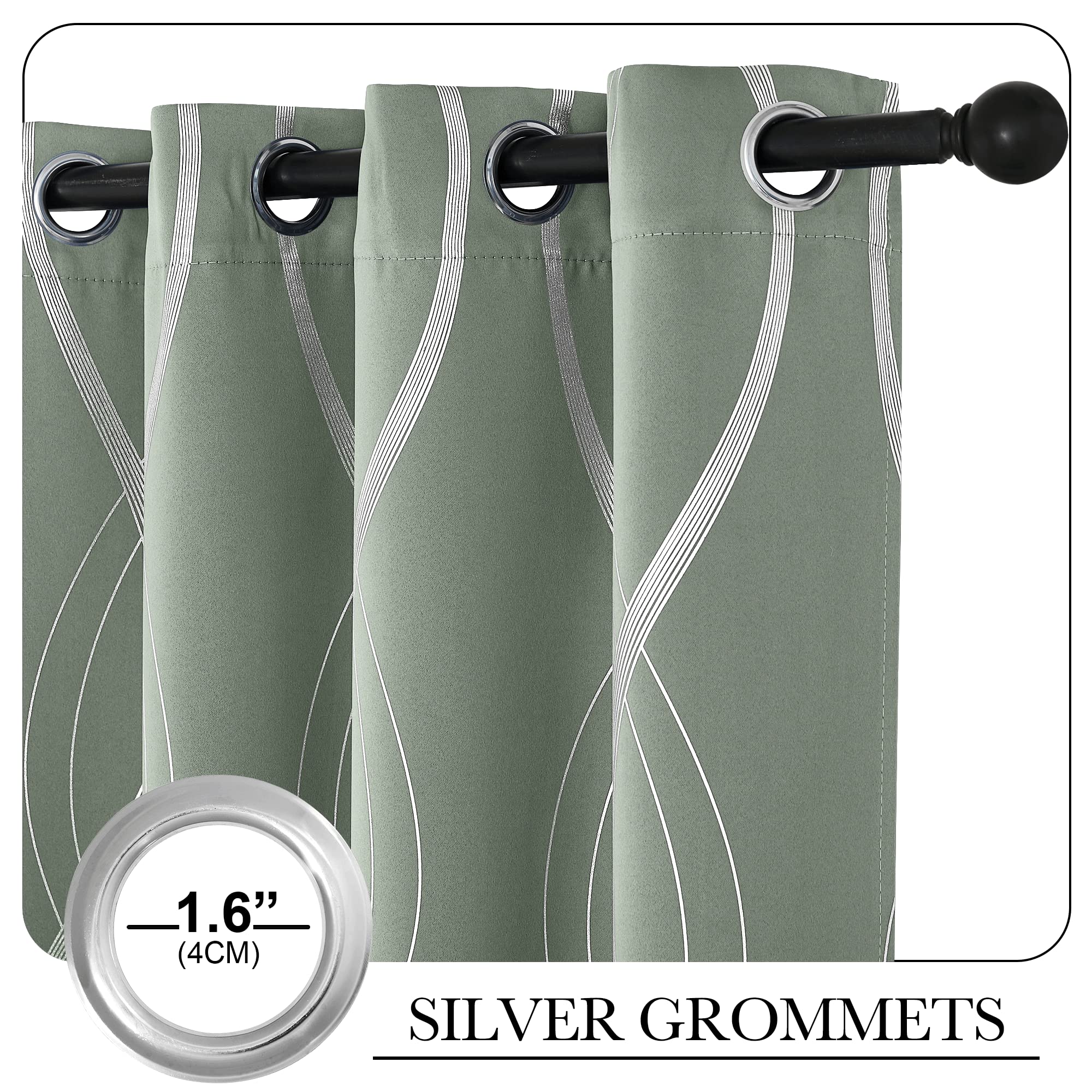 Silver Wave Printed Grommet Thermal Insulated Blackout Curtains For Living Room And Bedroom 2 Panels