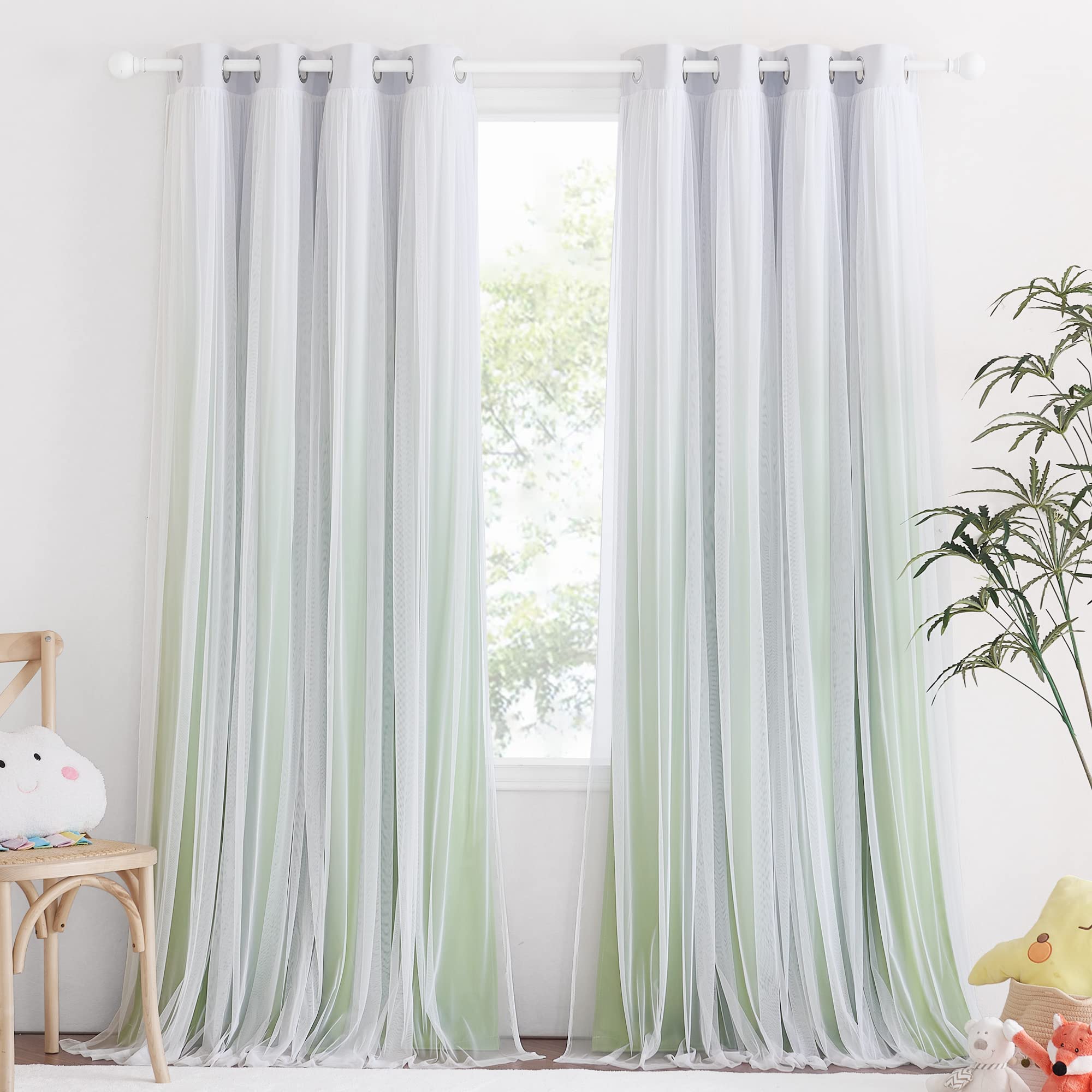 Ombre Blackout  Curtain With Sheer Voile Curtain Overlay 2 Panels