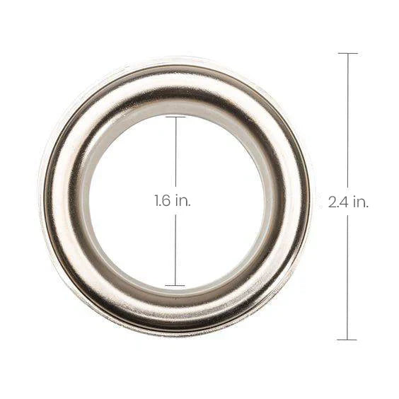 Close-up of a durable silver metal grommet, 1.6 in. inner and 2.4 in. outer diameter, for KGORGE windproof outdoor curtains