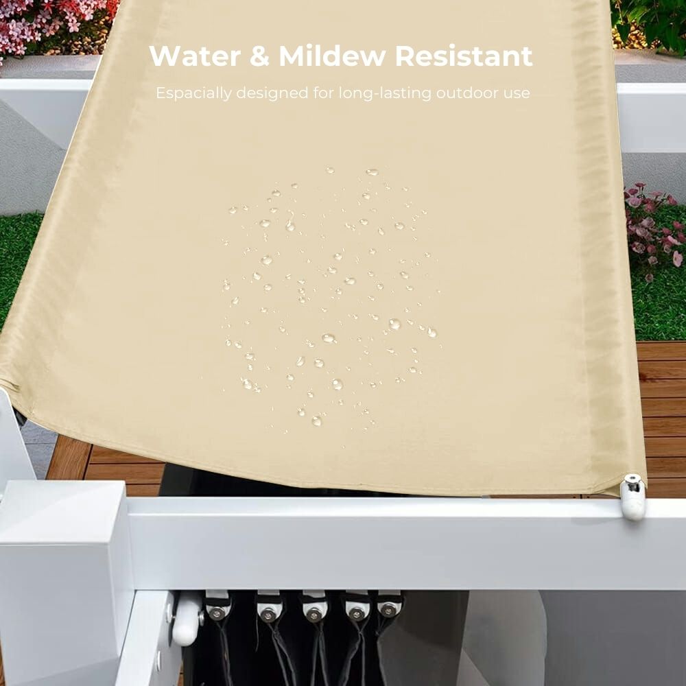 Beige weatherproof pergola canopy fabric replacement, demonstrating water resistance for outdoor living spaces.