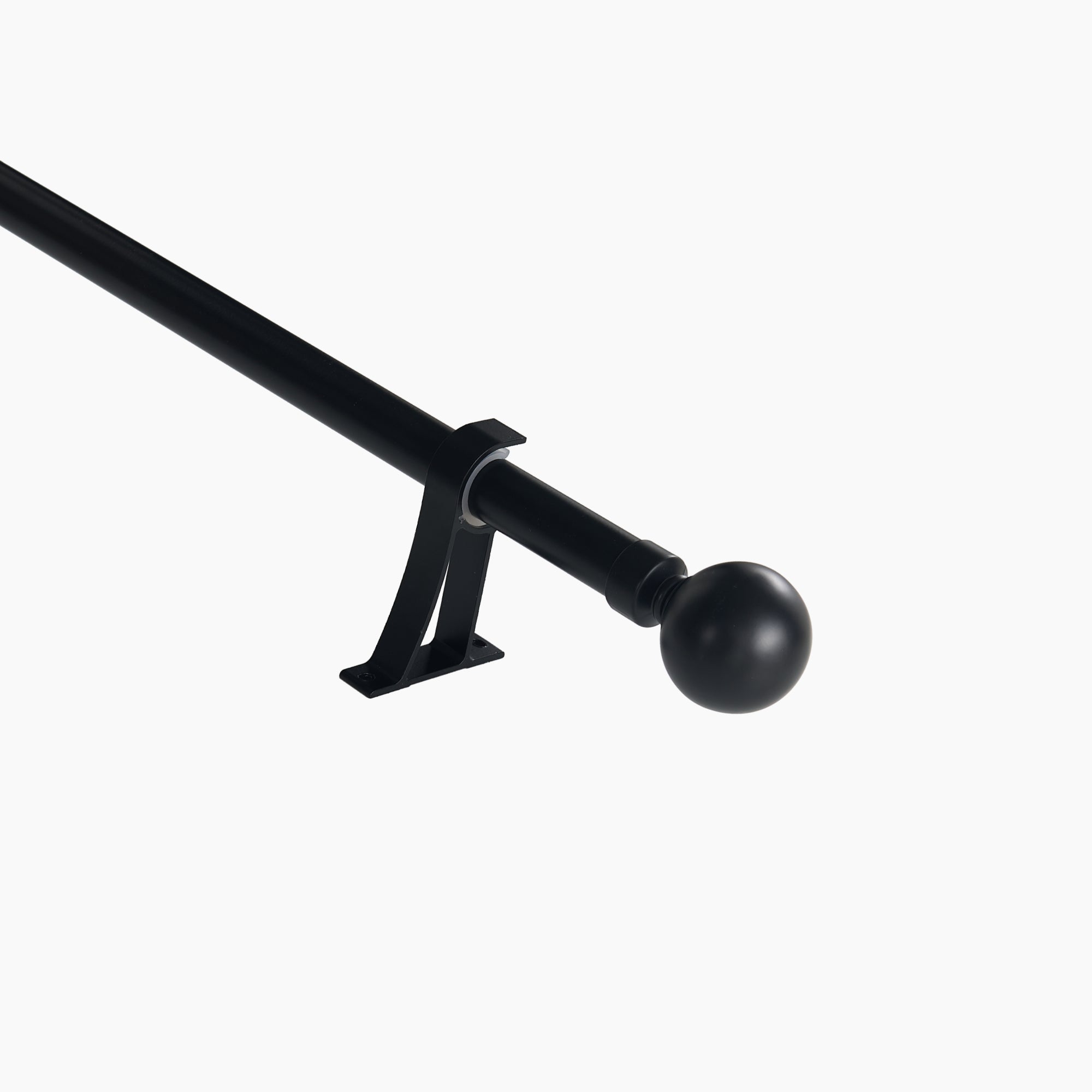 Black outdoor curtain rod with a spherical finial and sturdy wall-mount support bracket for weatherproof drapes.