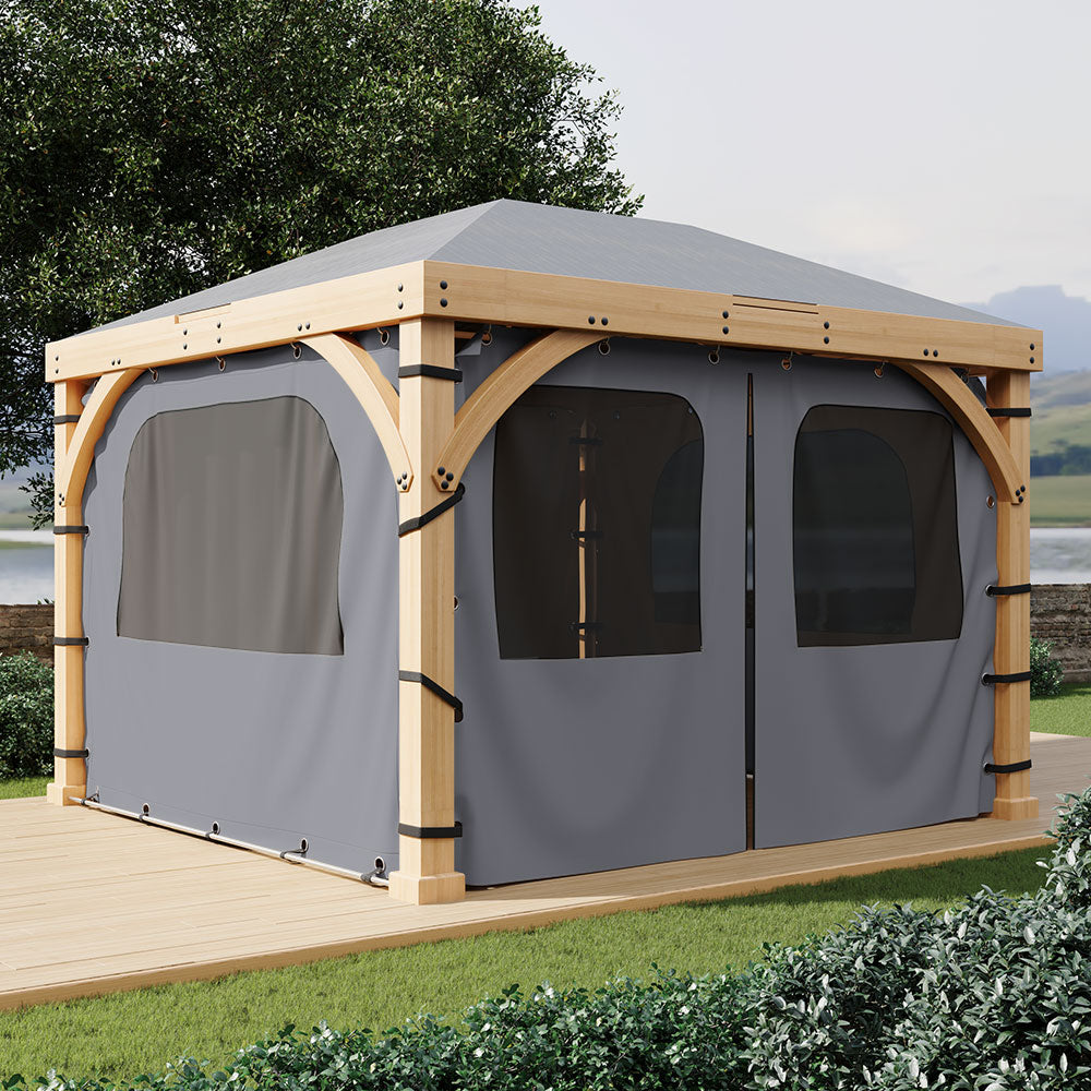 Gray waterproof outdoor gazebo side panel with mosquito netting window, installed on a wooden pergola, offering privacy & protection.