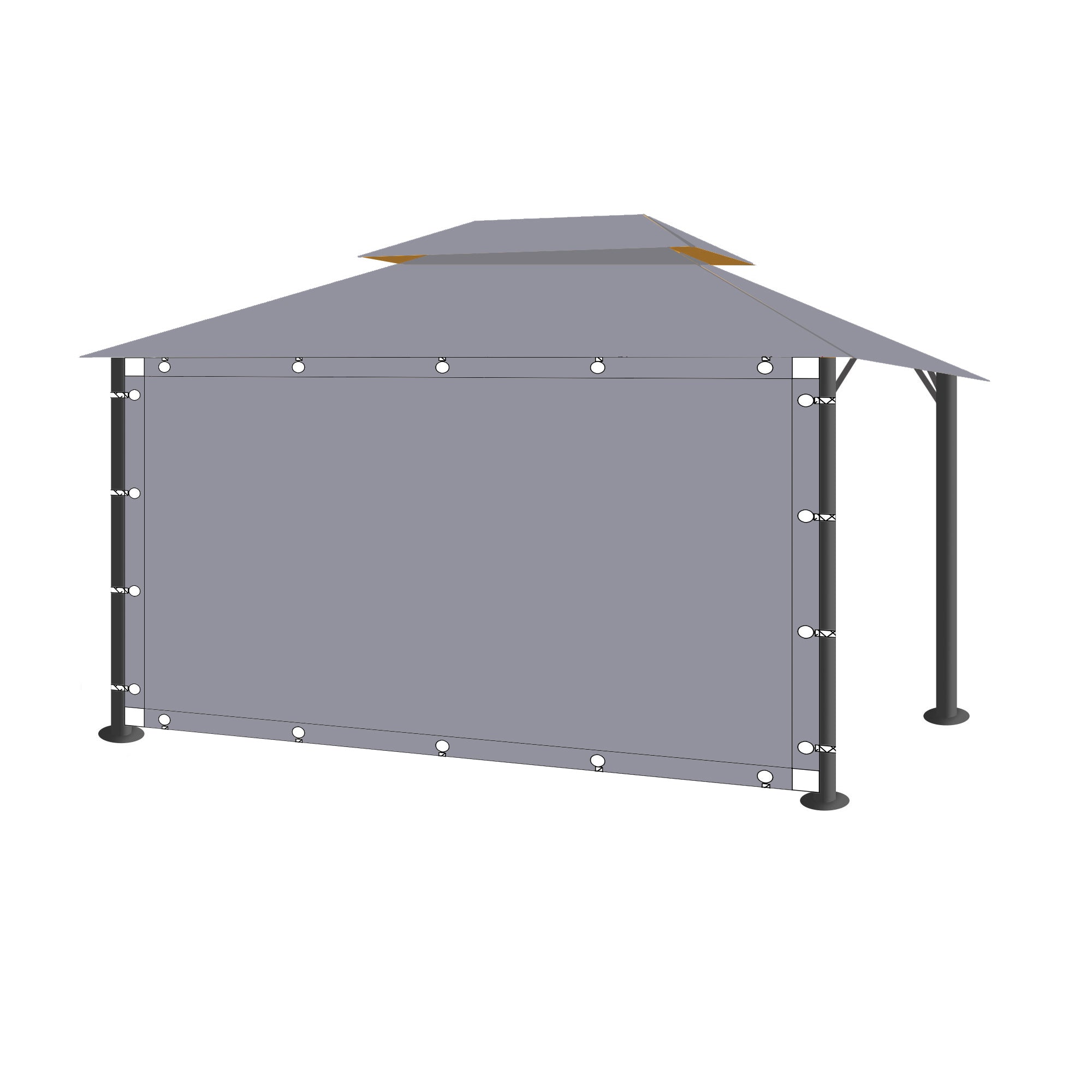 Grey waterproof outdoor gazebo side panel attached to a structure, with grommets and ties for shade and privacy.