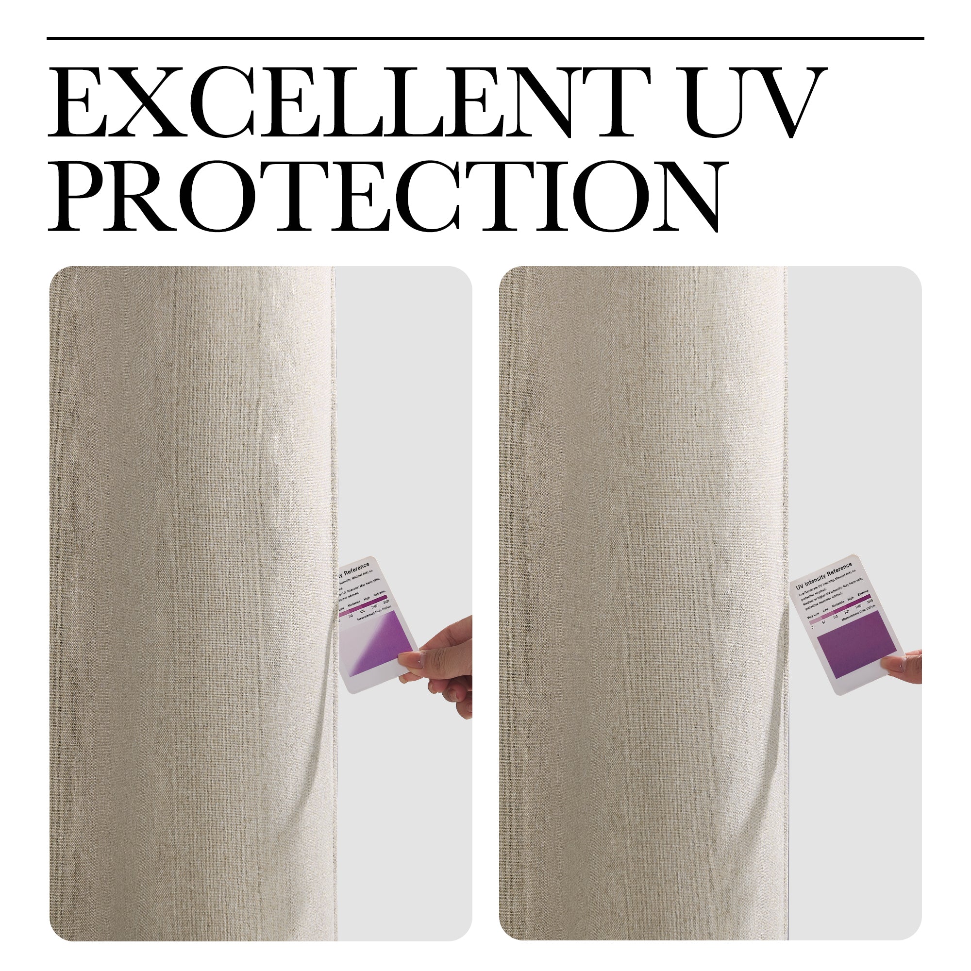OEKO-TEX outdoor faux linen blackout, waterproof curtain's excellent UV protection shown with intensity reference card.