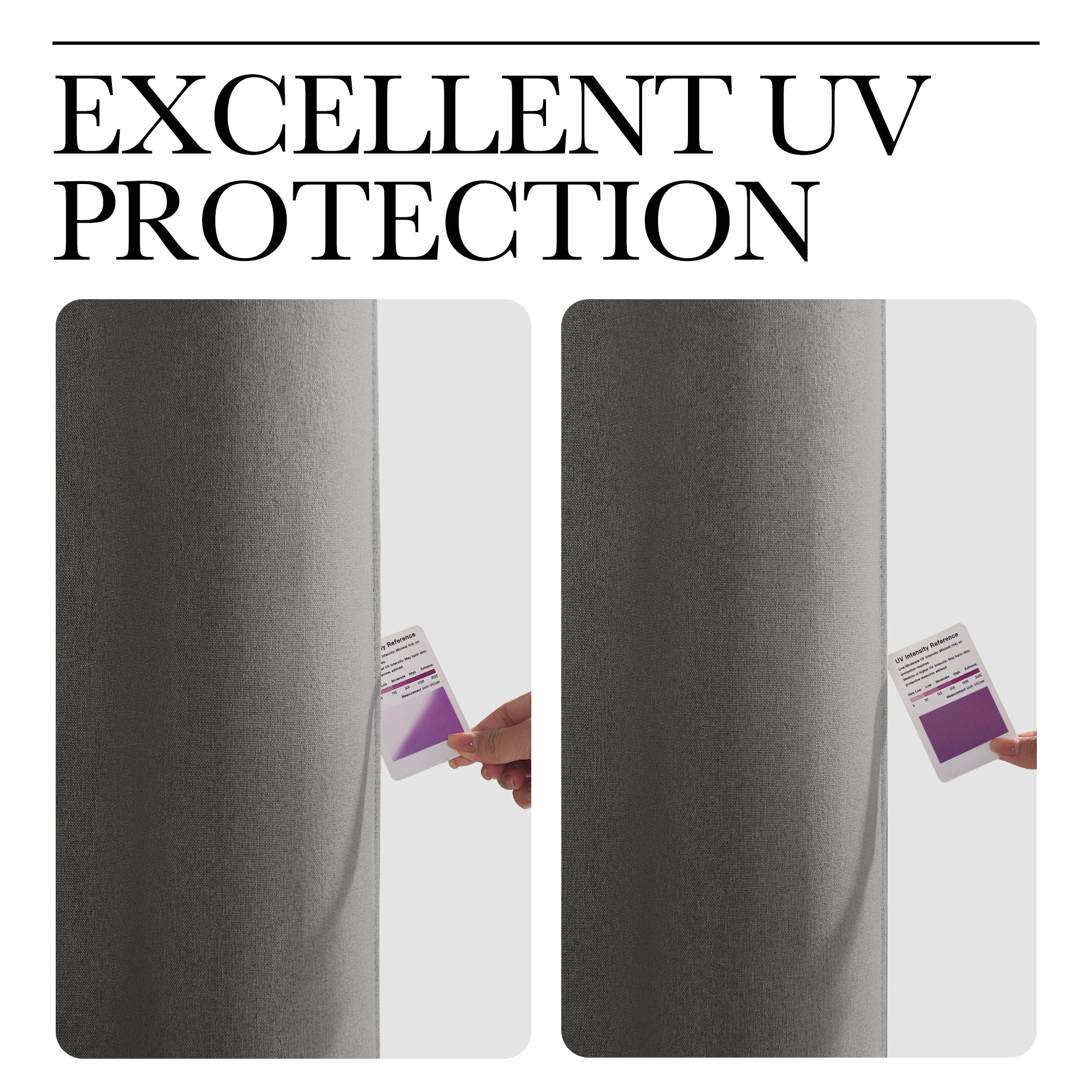 UV test on KGORGE OEKO-TEX 100% blackout outdoor curtain, showcasing its excellent sun protection and fade-resistant qualities.