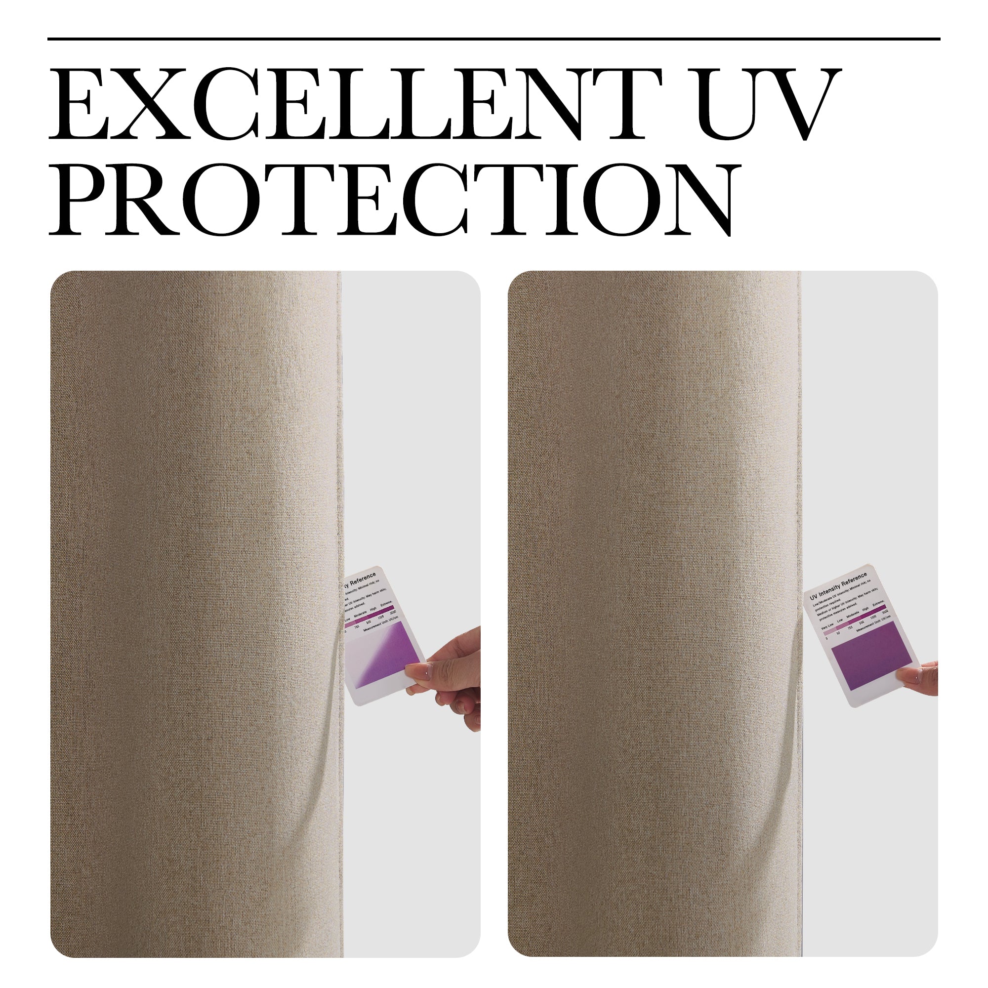 Hand holds UV intensity card behind a beige faux linen outdoor blackout curtain, showcasing excellent UV protection.