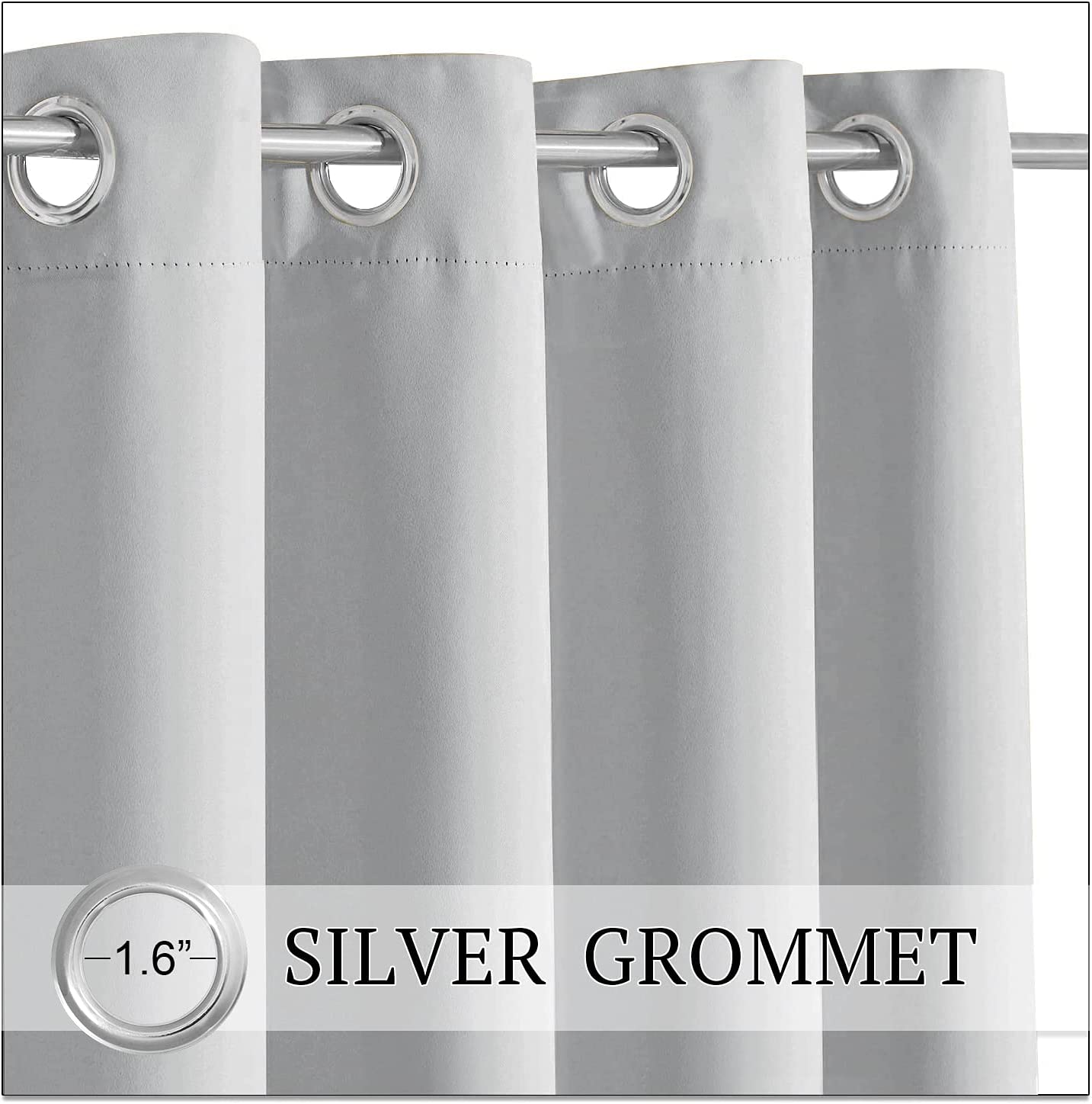 Light gray waterproof outdoor patio curtains, highlighting the 1.6-inch silver grommet top design.