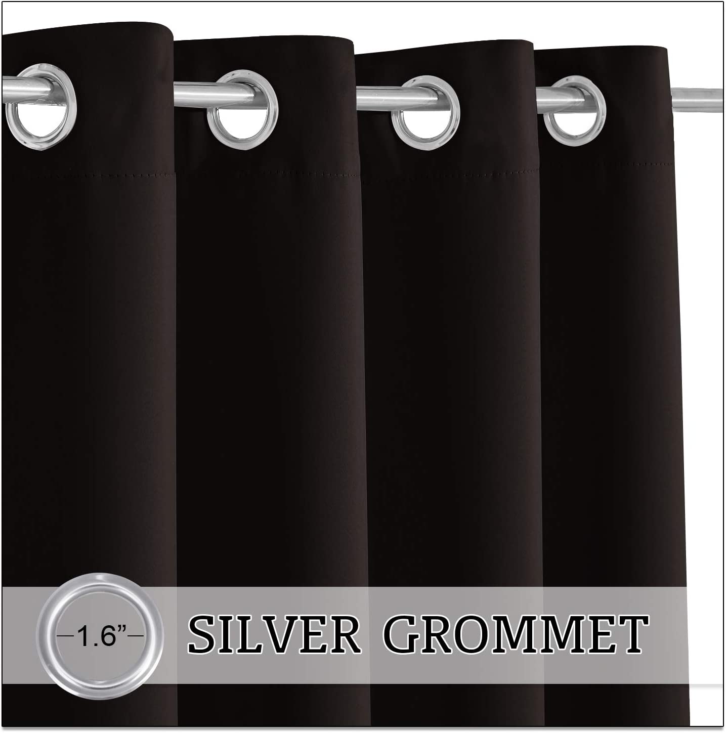 Black waterproof outdoor curtain featuring silver grommet top design, 1.6-inch diameter grommets on a rod for patio and pergola.