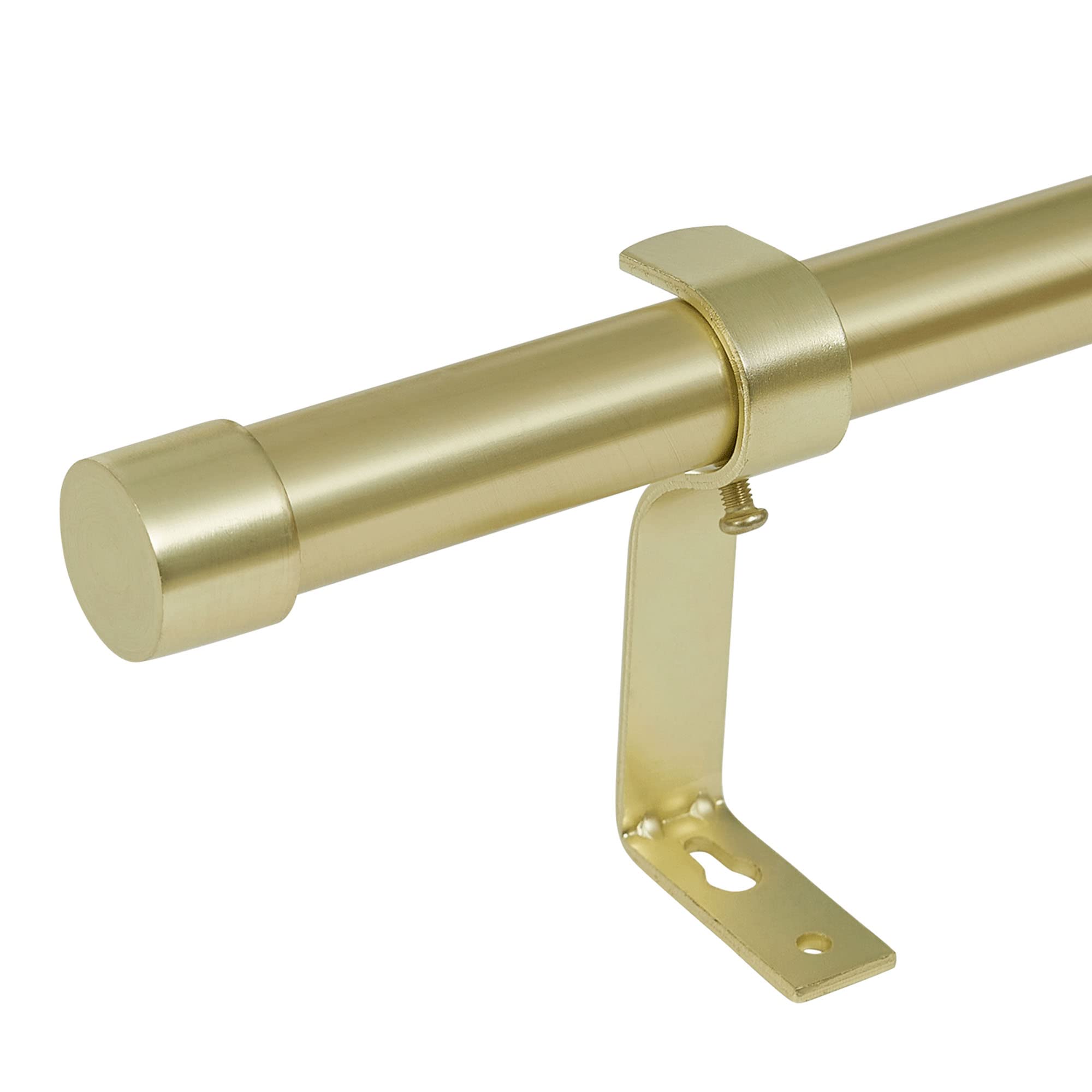 Brushed gold 1-inch adjustable telescoping curtain rod with classic cylinder finial and mounting bracket for patio