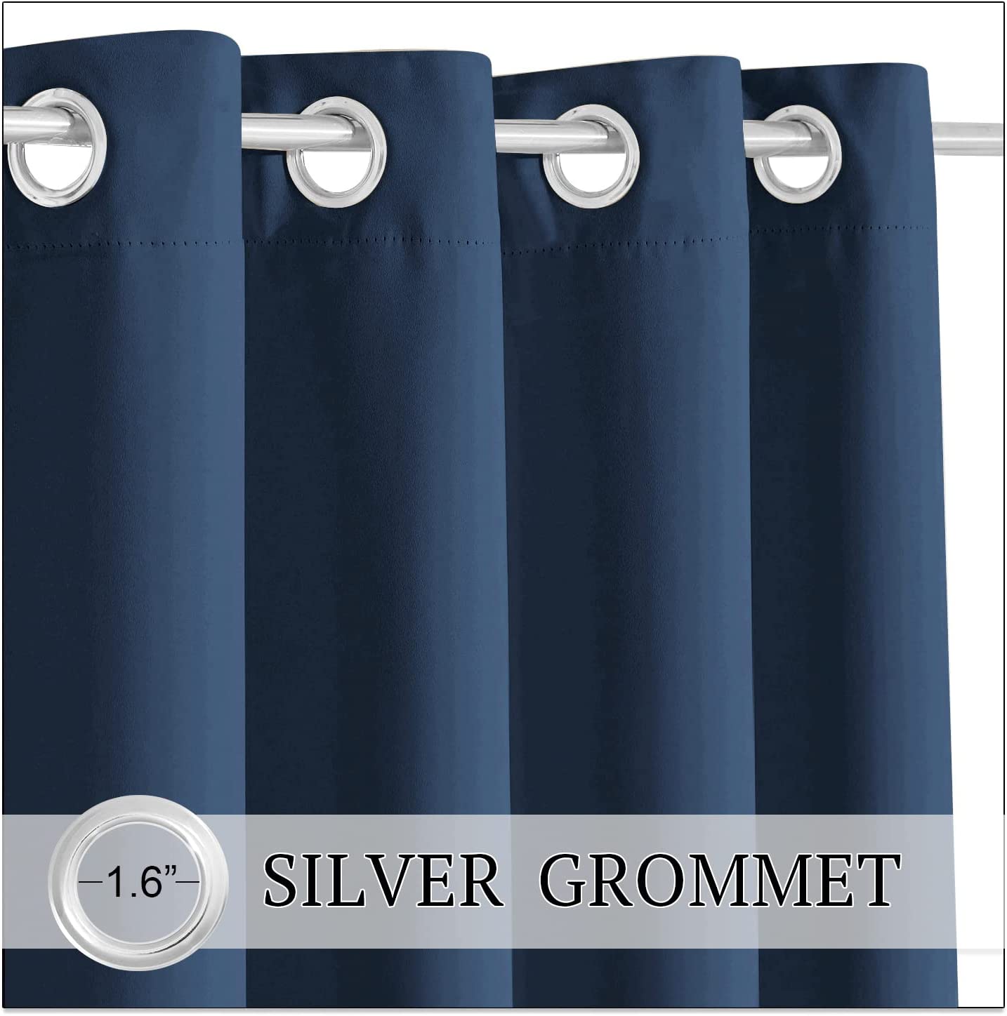 Waterproof navy blue outdoor curtain panel with visible 1.6-inch silver grommets on a rod for patio and pergola.