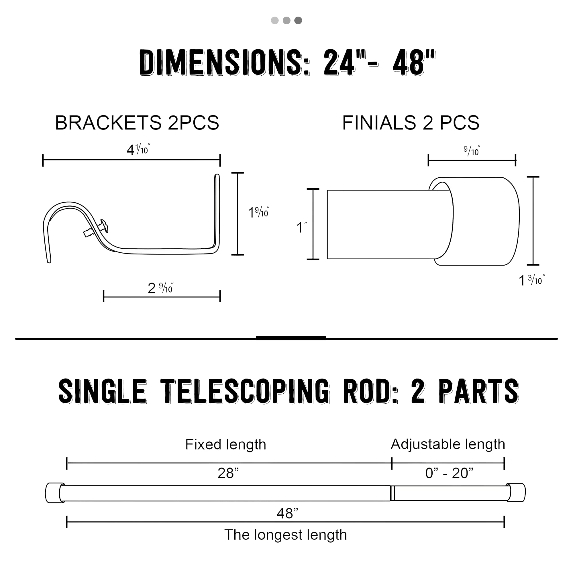 Dimensions diagram for 1-inch adjustable telescoping curtain rod set: brackets, classic cylinder finials, and rod extending 24-48 inches.