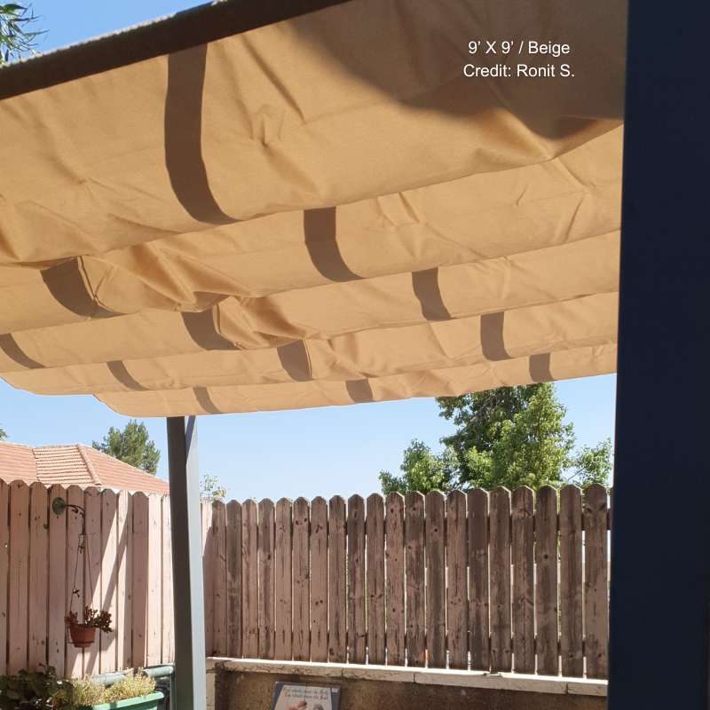 Beige pleated pergola canopy fabric replacement providing shade over an outdoor living space.